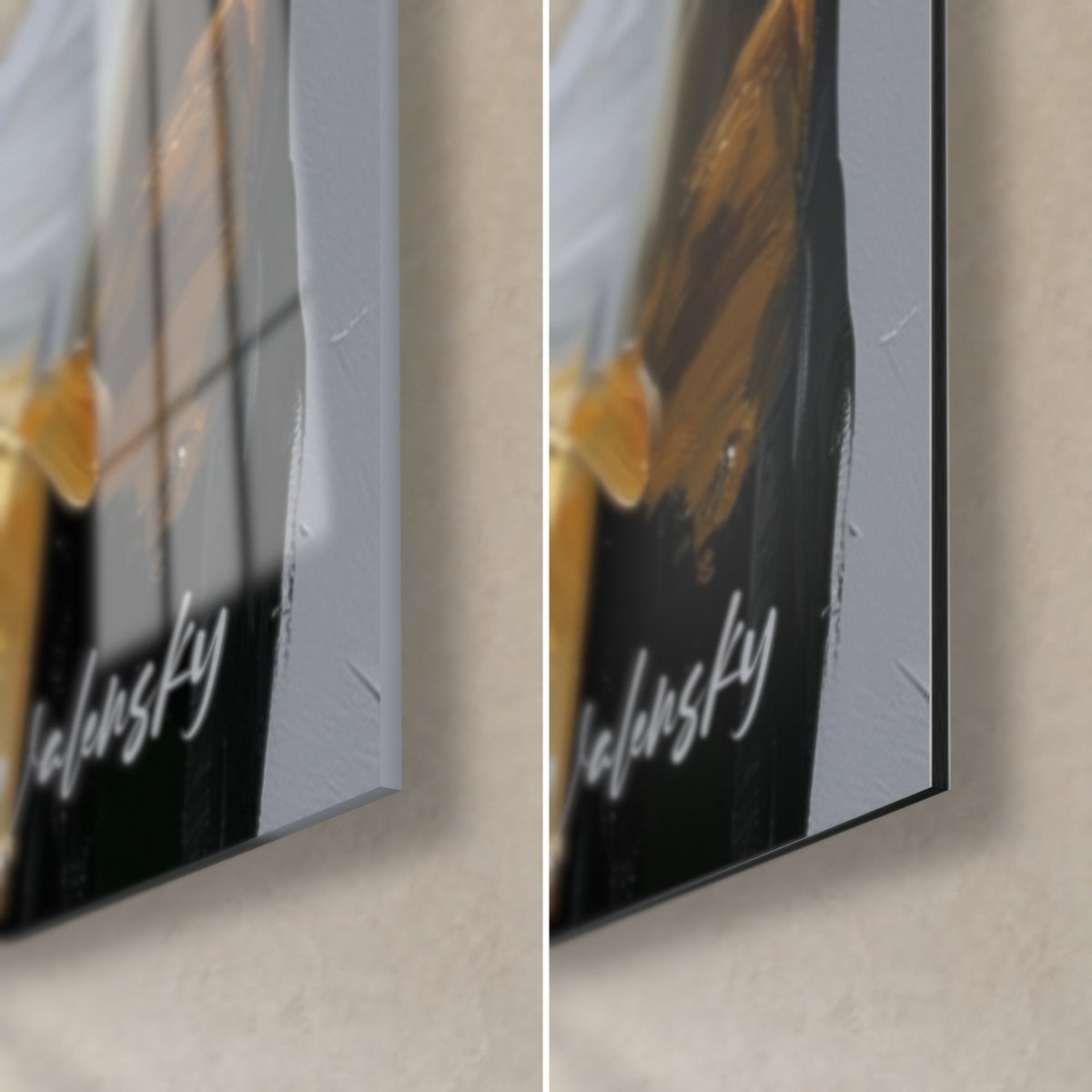 Quadro bevitore con cappello di feltro bianco in bianco e oro, angolo in basso a destra in vetro acrilico lucido a sinistra, alluminio Dibond opaco a destra, spessore 3 mm