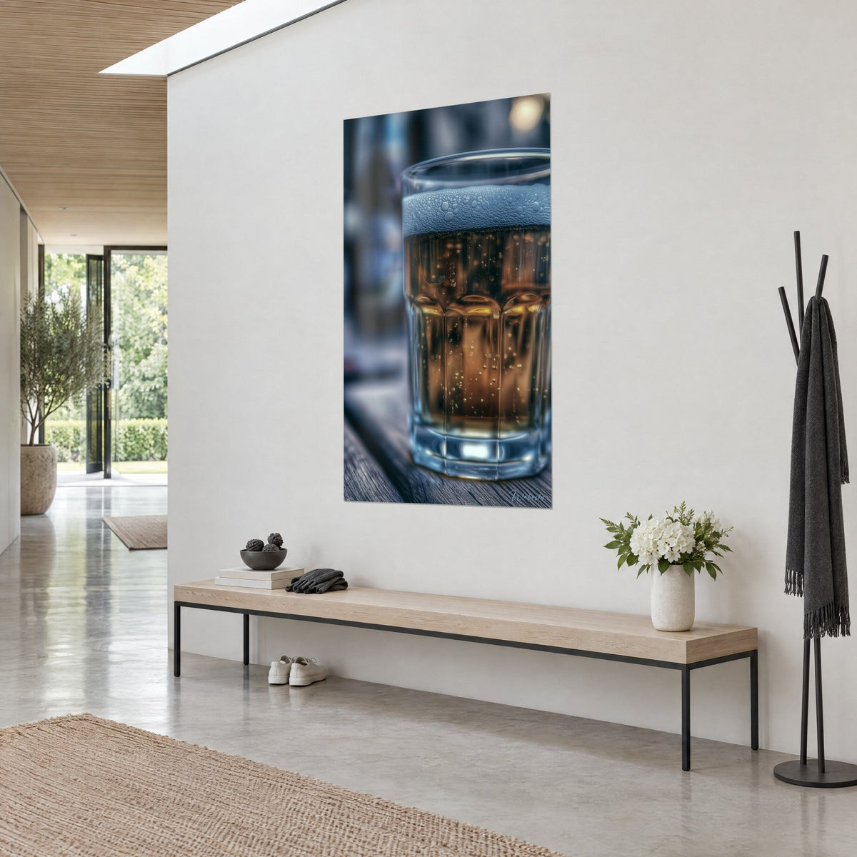 Wall art amber beer mug with fine bubbles, copper highlights on grey wood, hung in a bright hallway with white walls