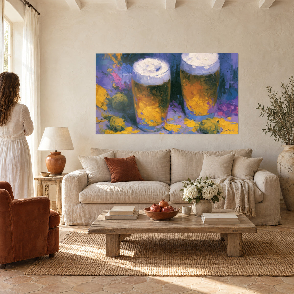 Wall art beer mugs with thick white foam, amber and violet reflections, above a sofa in a bright living room