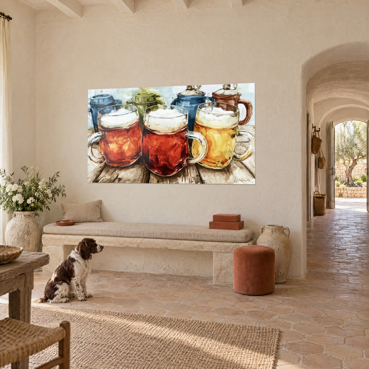 Wall art three handled mugs lined up, copper-red and golden beer, blue pitchers behind, Provençal farmhouse with a spaniel