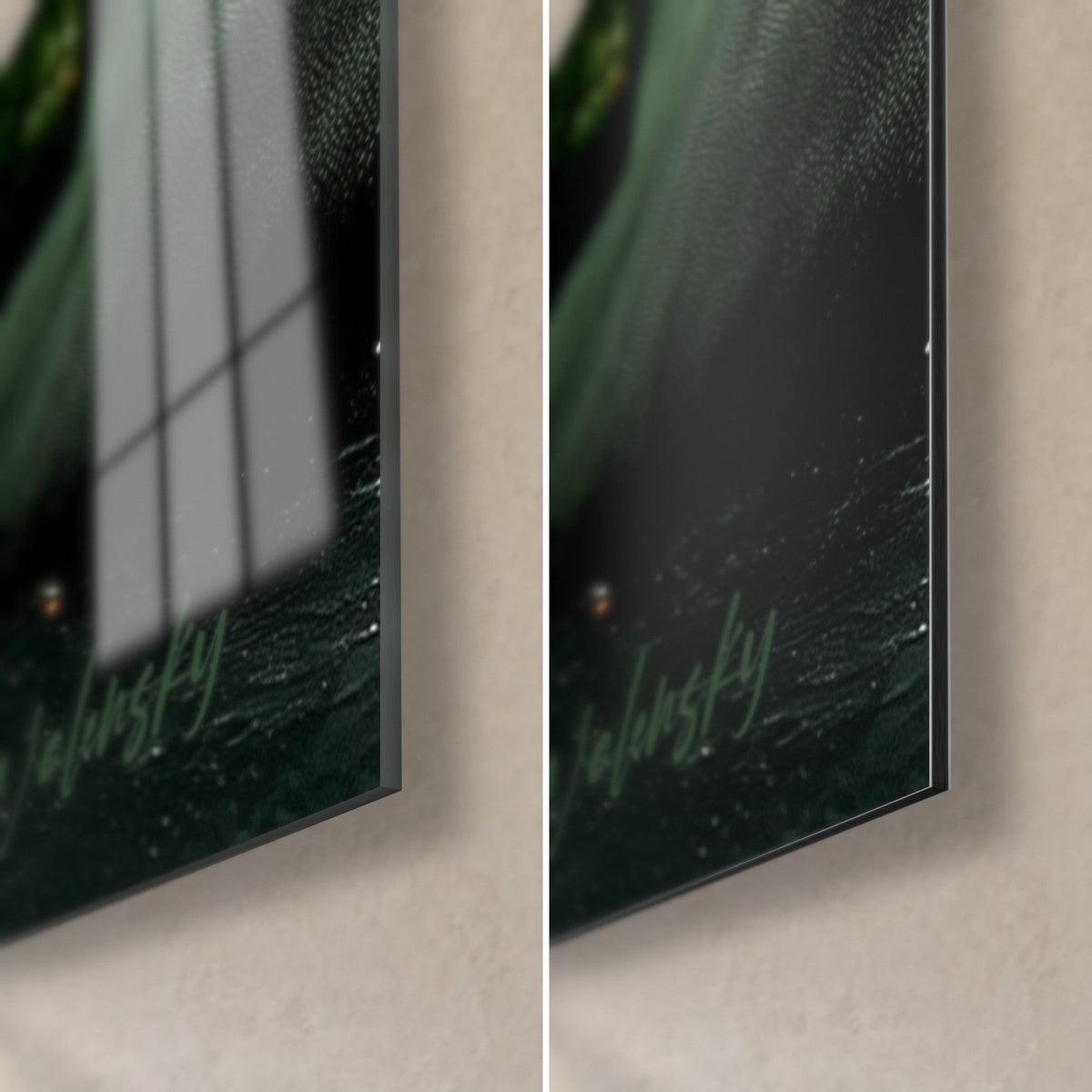 Tableau stout, coin bas droit : verre acrylique brillant à gauche, Dibond noir mat à droite, tranche de 3 mm visible