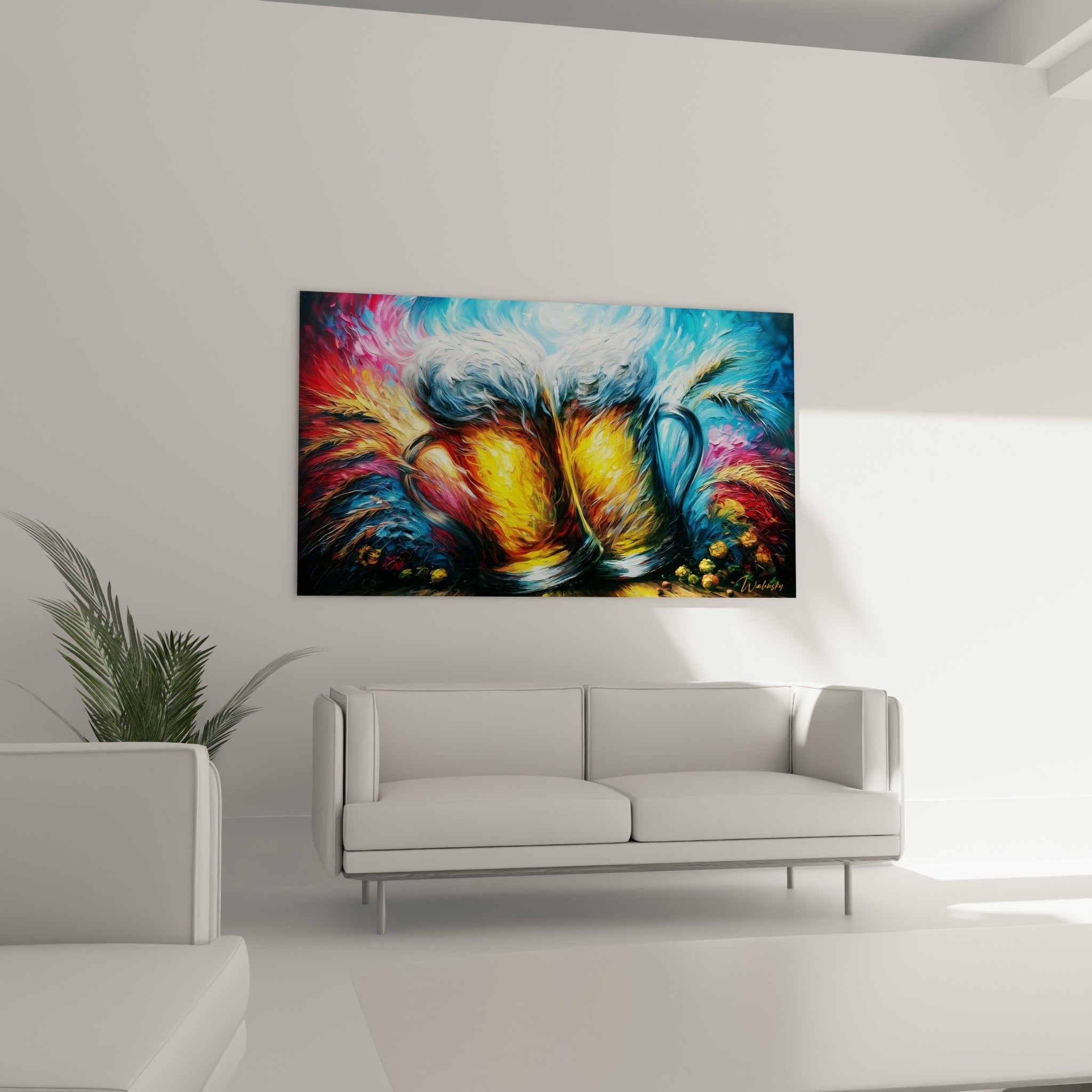 Mousse blanche et liquide doré d'une bière peinte, tableau au-dessus d'un canapé dans un salon lumineux