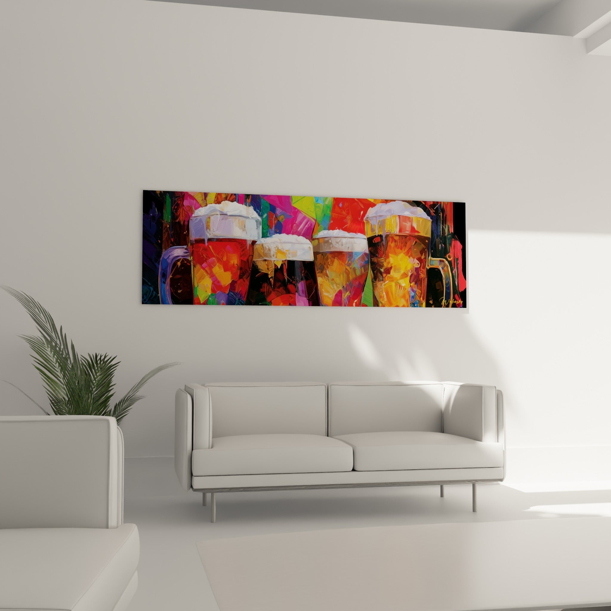 Verres de bière ambrée et fuchsia vibrant sur fond fragmenté, positionnés au-dessus d'un canapé dans un salon lumineux