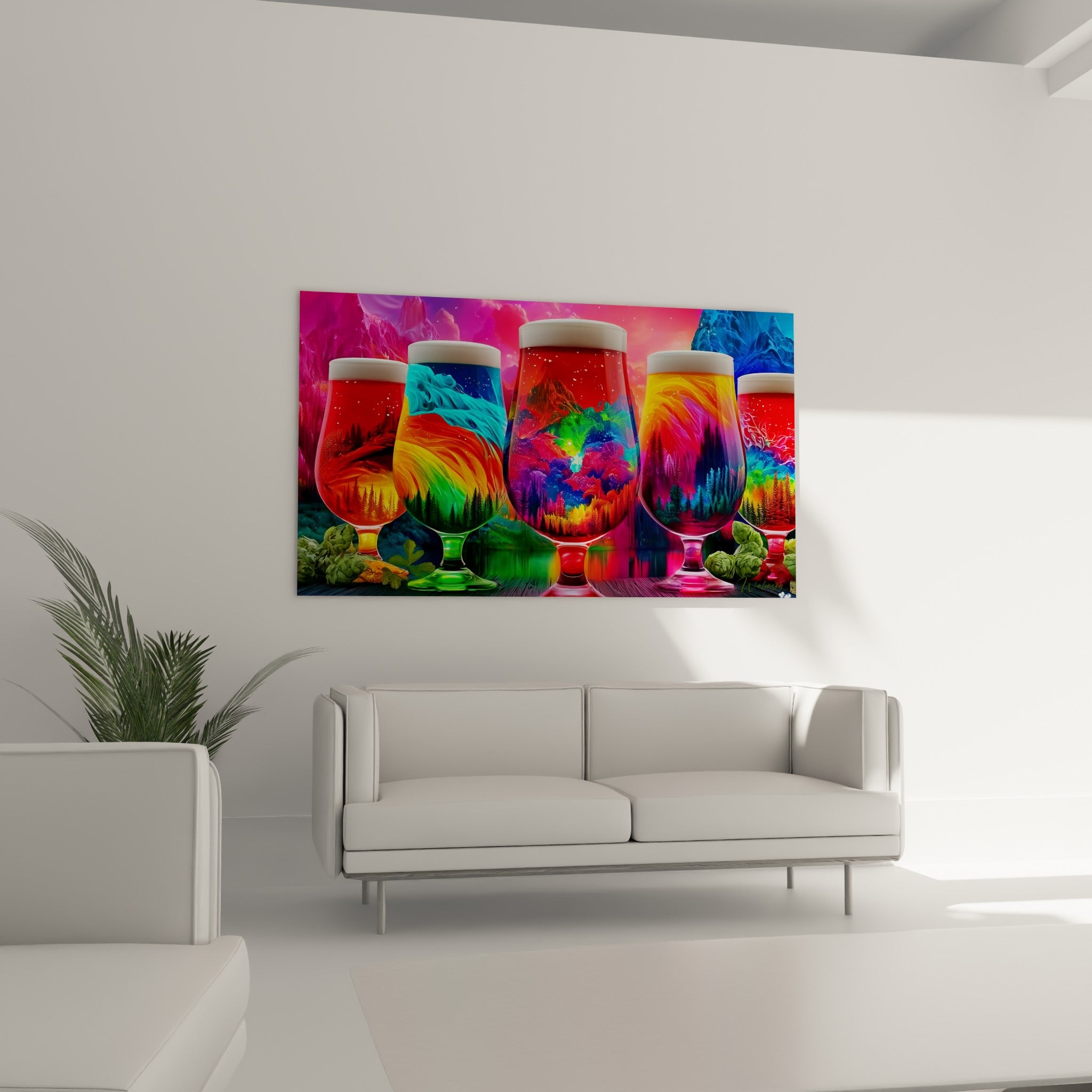 Reflets fluorescents dans des verres à bière ocre et violet, au-dessus d'un canapé dans un salon lumineux