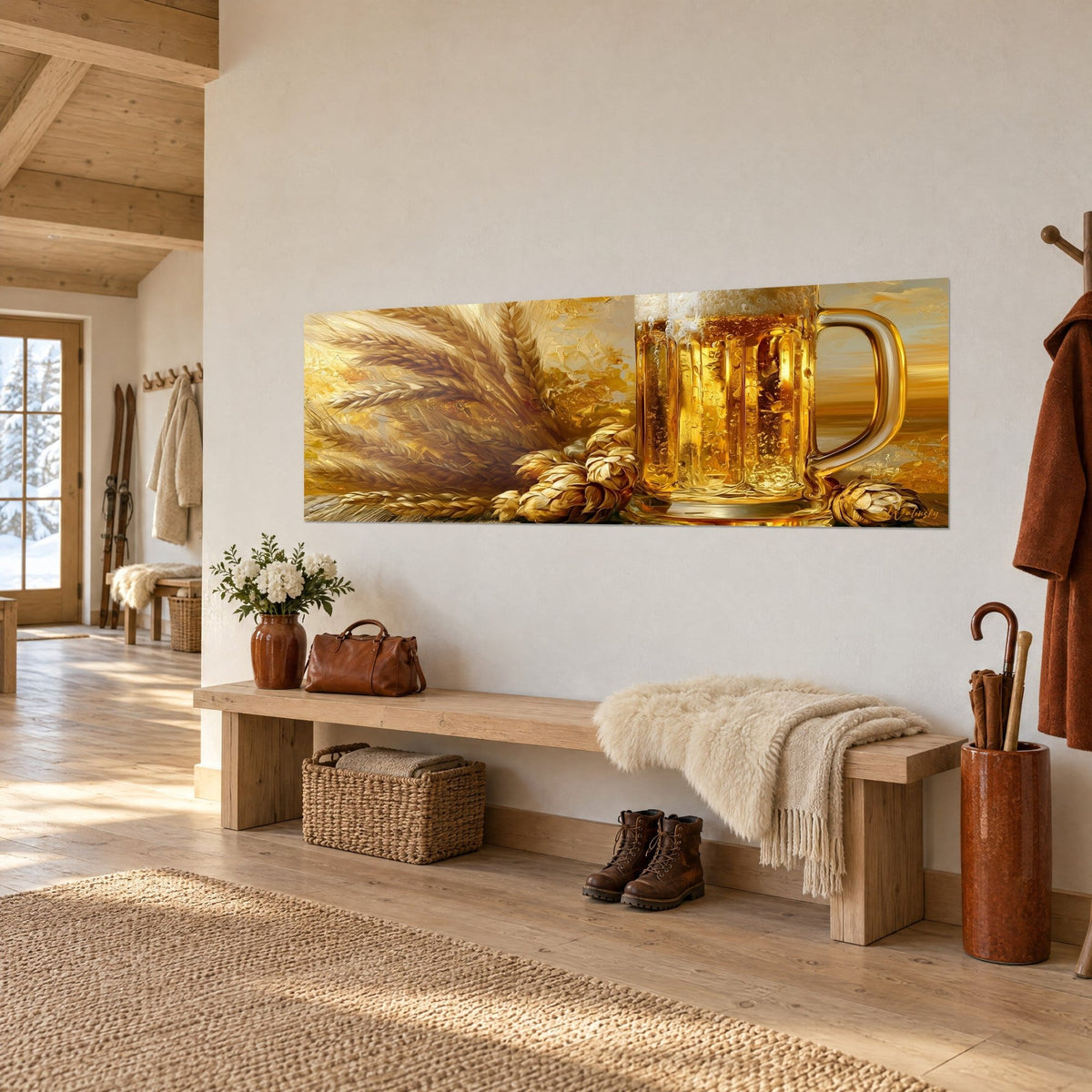 Tableau pinte écumante et gerbe de blé, reflets miel et brun cuivré, accroché au-dessus d'un banc en bois d'un chalet