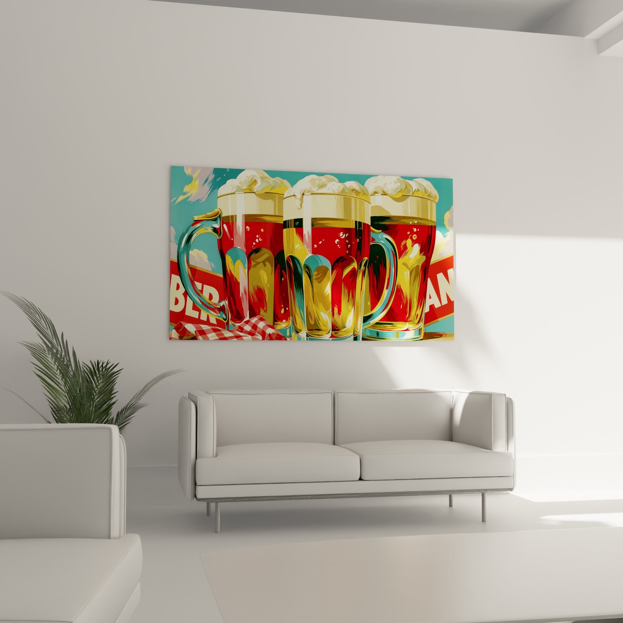 Verres de bière turquoise et rouge à la mousse crémeuse abondante, au-dessus d'un canapé dans un salon lumineux