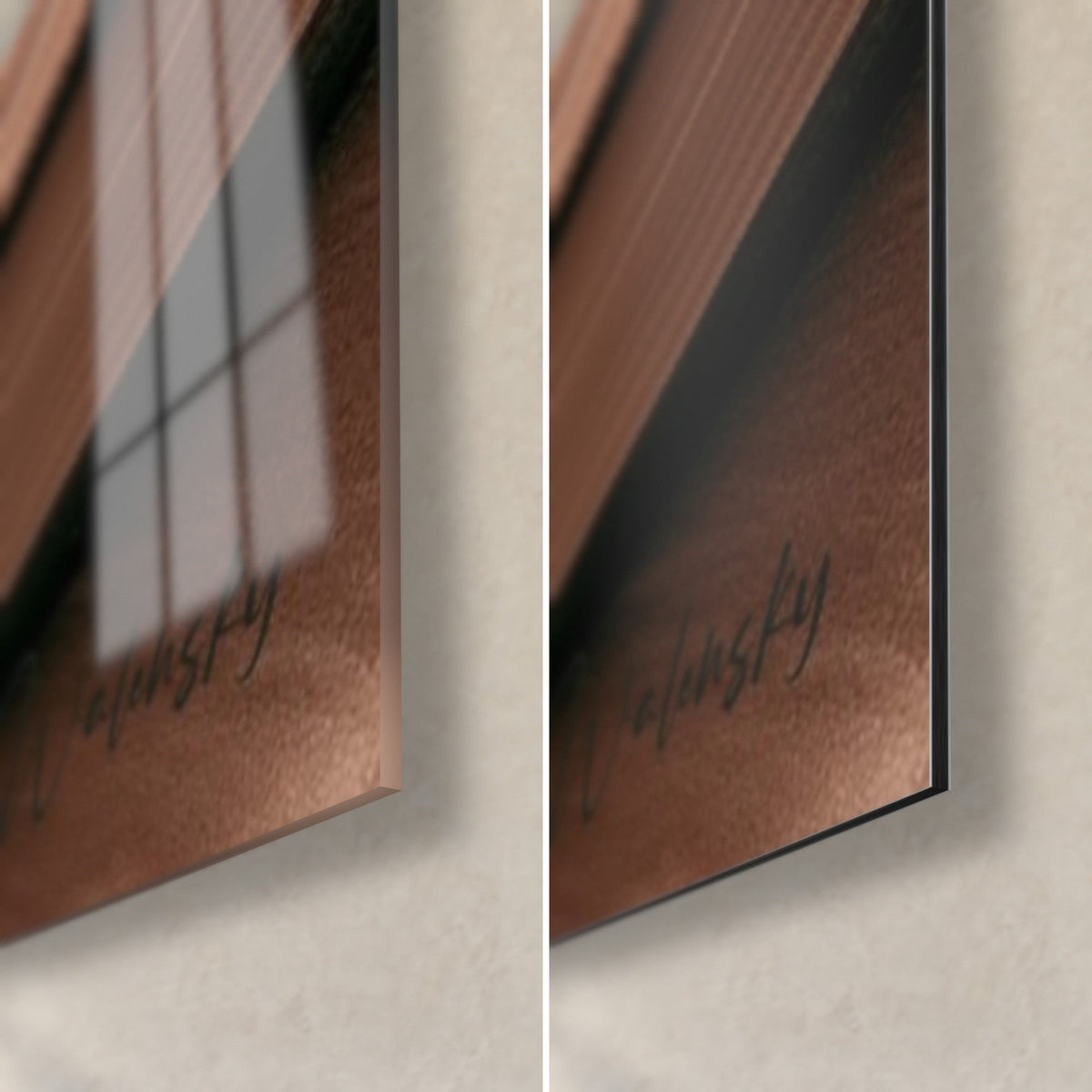 Wall art Golden pint of beer, bottom right corner: glossy acrylic glass reflecting the window, matte copper Dibond aluminium, 3 mm black edge