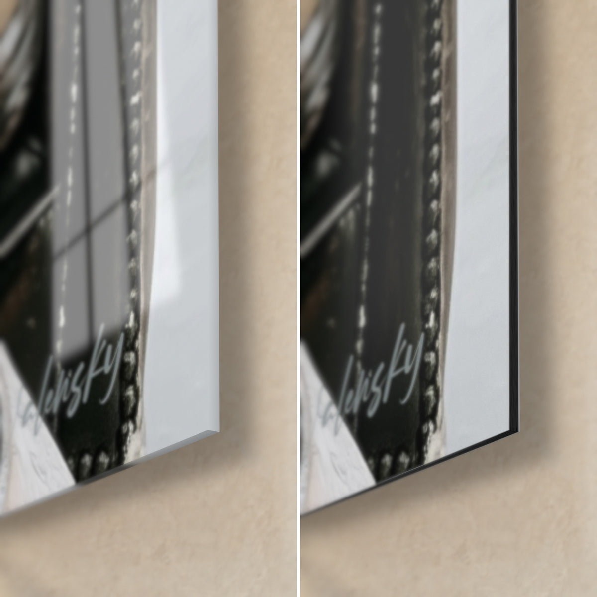Cuadro pinta de stout y sofá de cuero capitoné, esquina inferior derecha: cristal acrílico brillante con reflejos, aluminio Dibond negro mate, canto de 3 mm