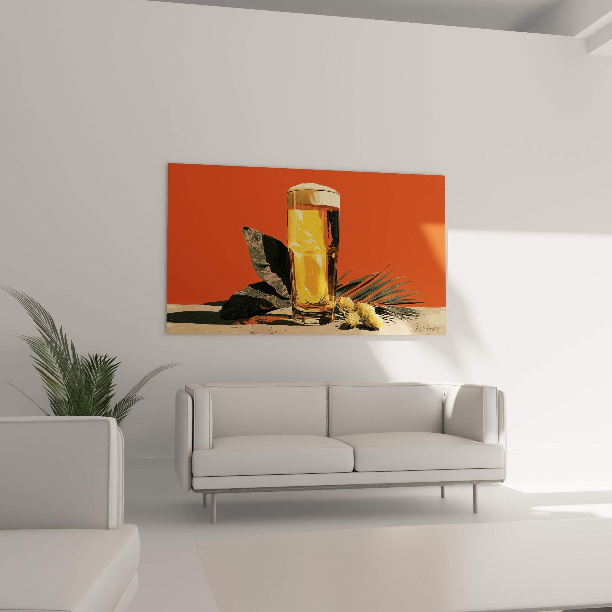 Mousse blanche débordante d'un verre de bière dorée, au-dessus d'un canapé dans un salon lumineux