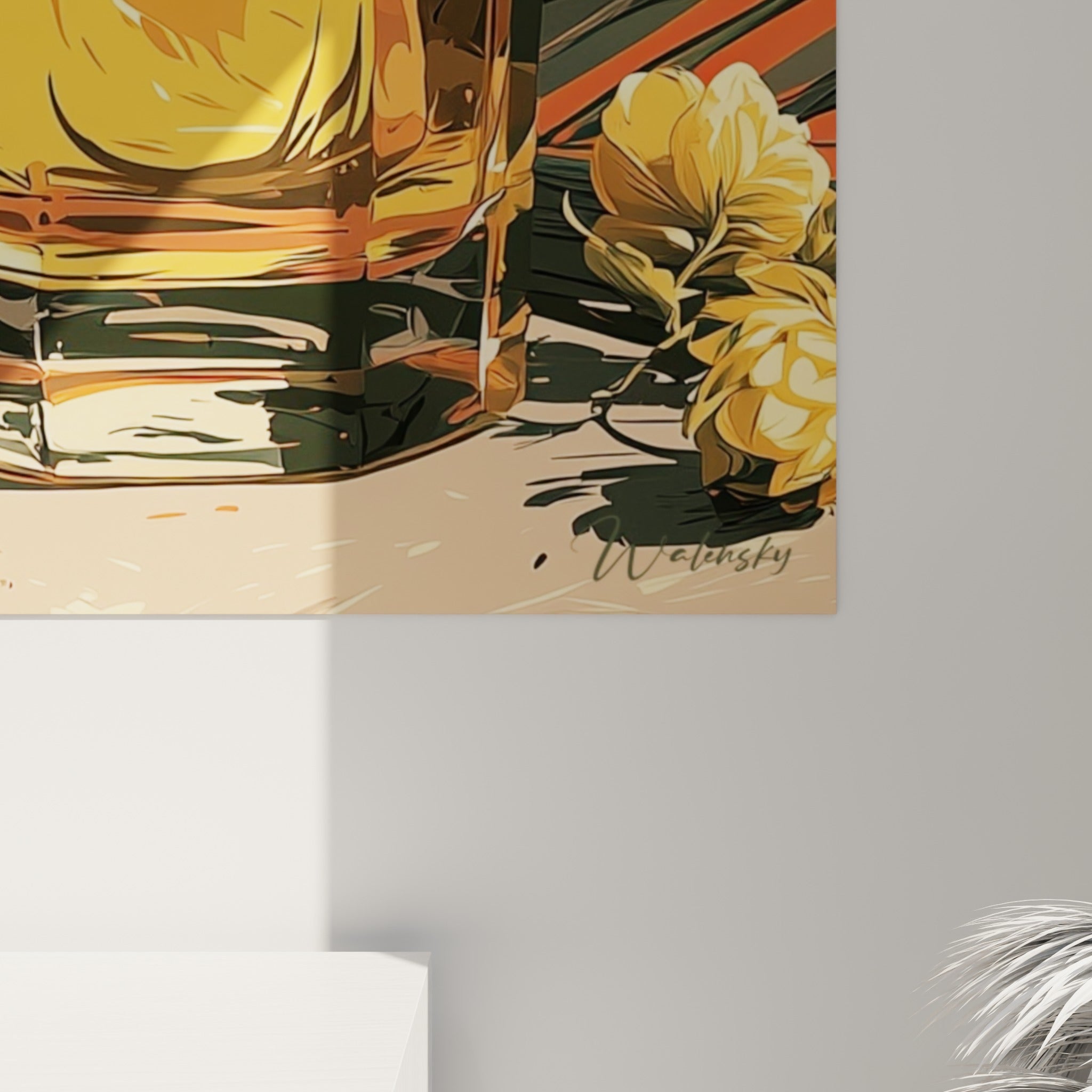 Grain de l'impression révélant la mousse blanche, le jaune doré et les reflets anthracite du verre