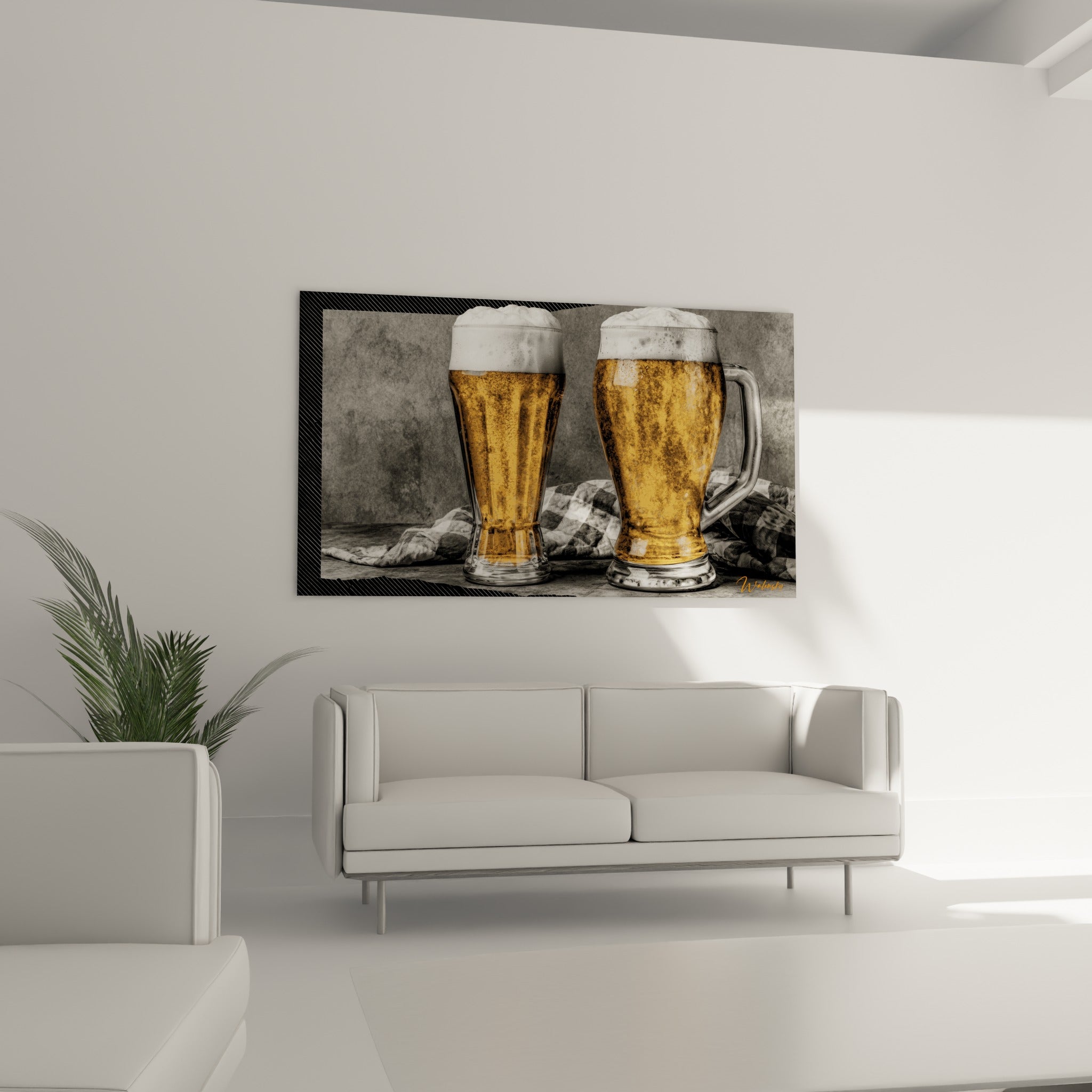 Verres de bière orangée sur fond anthracite au-dessus d'un canapé dans un salon lumineux