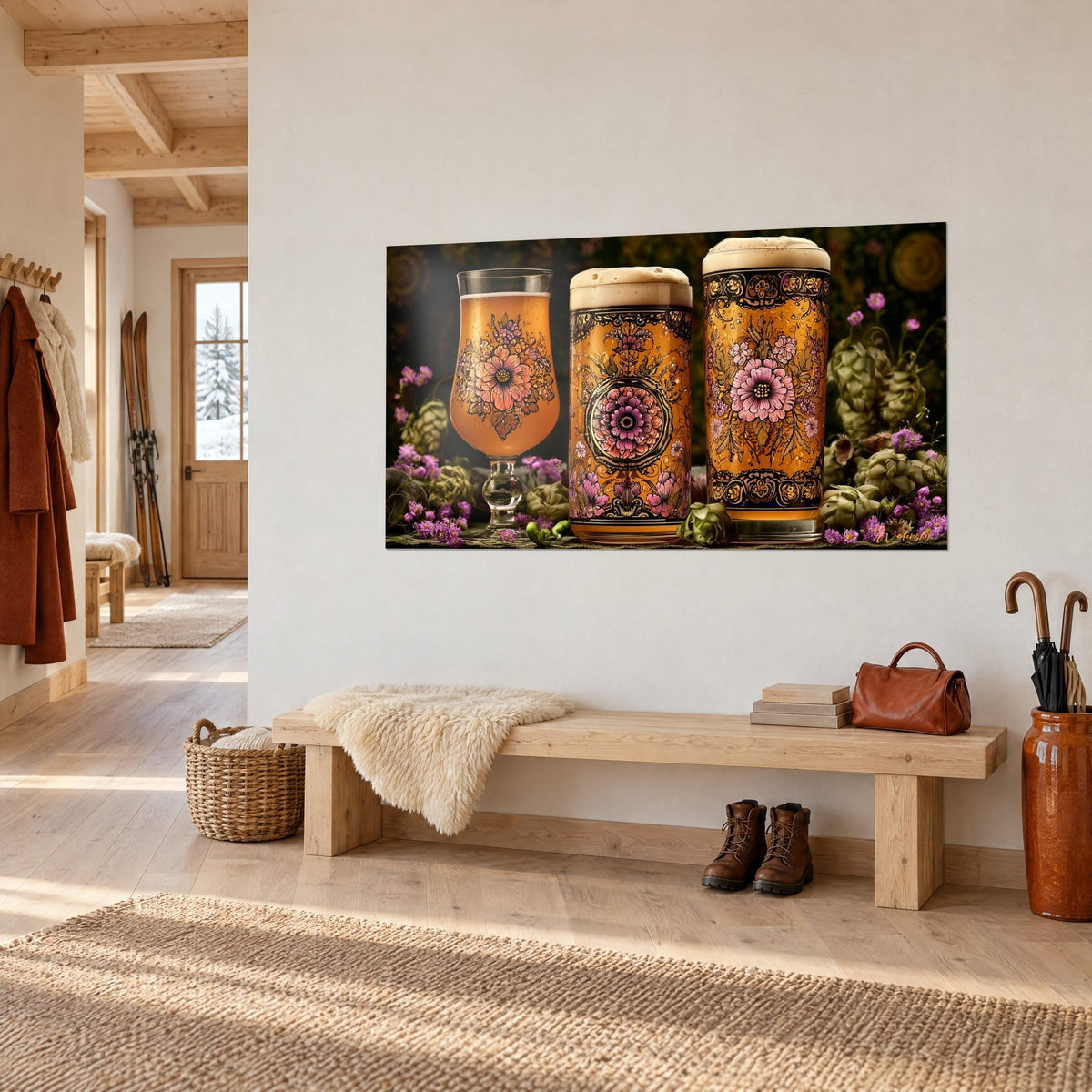 Wall art golden beer steins with black and gold floral patterns, hop clusters, three-quarter view on a white chalet wall