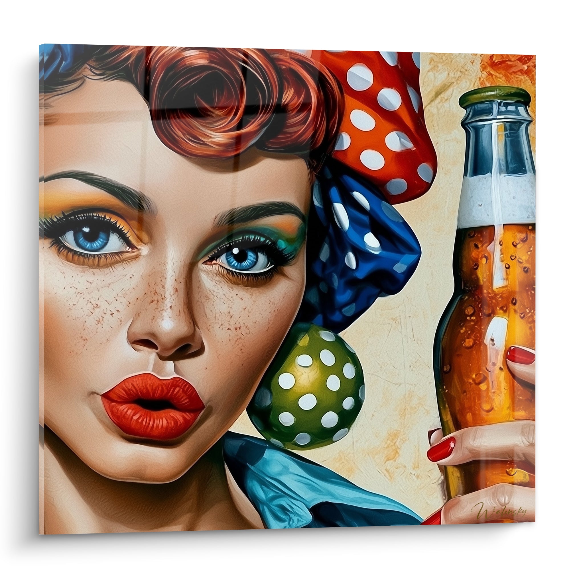 Pin-up aux cheveux roux et lèvres rouges tenant une bouteille de bière ambrée