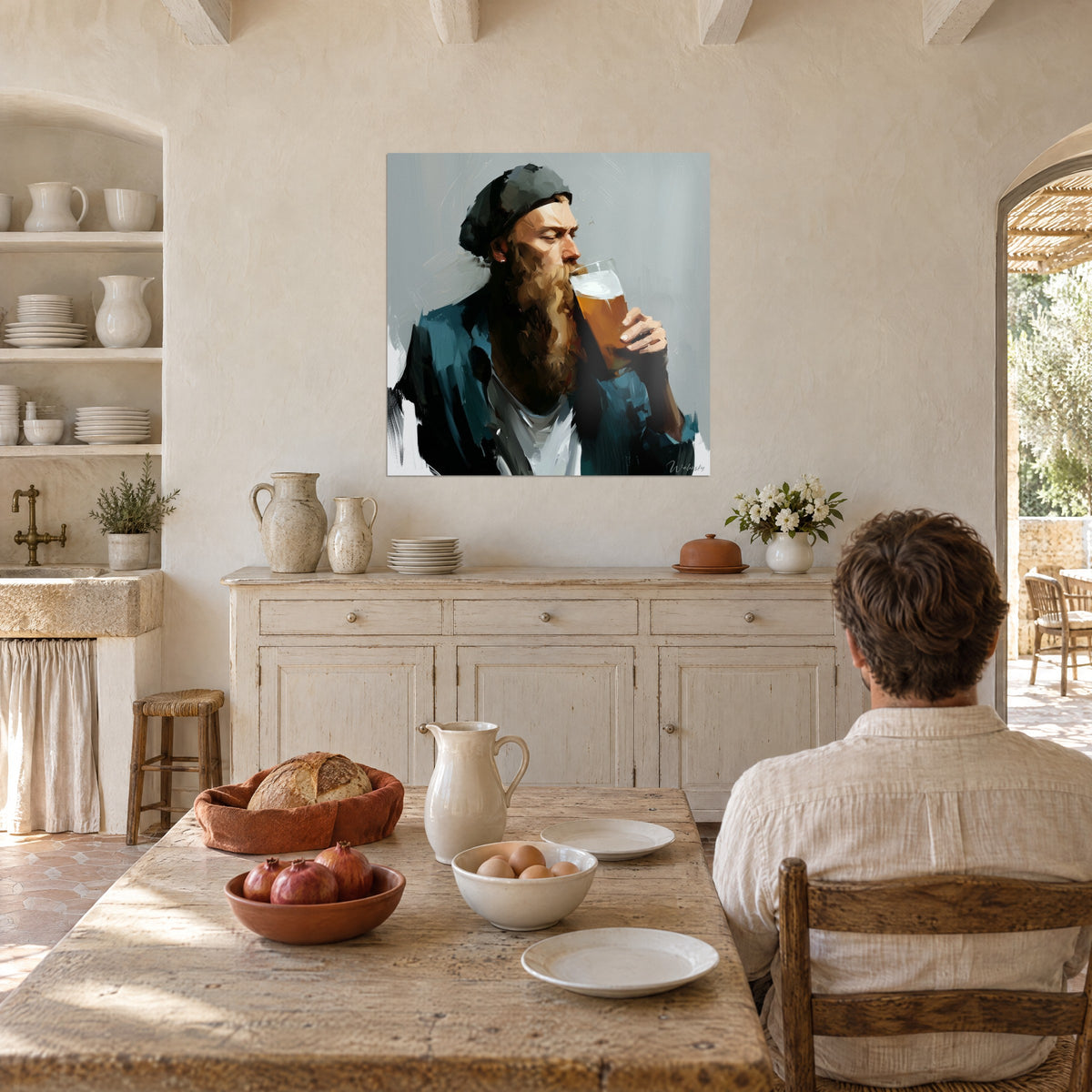 Wall art of the first sip of beer: bearded man with half-closed eyes, amber glass, blue and grey brushstrokes, Provençal dining corner