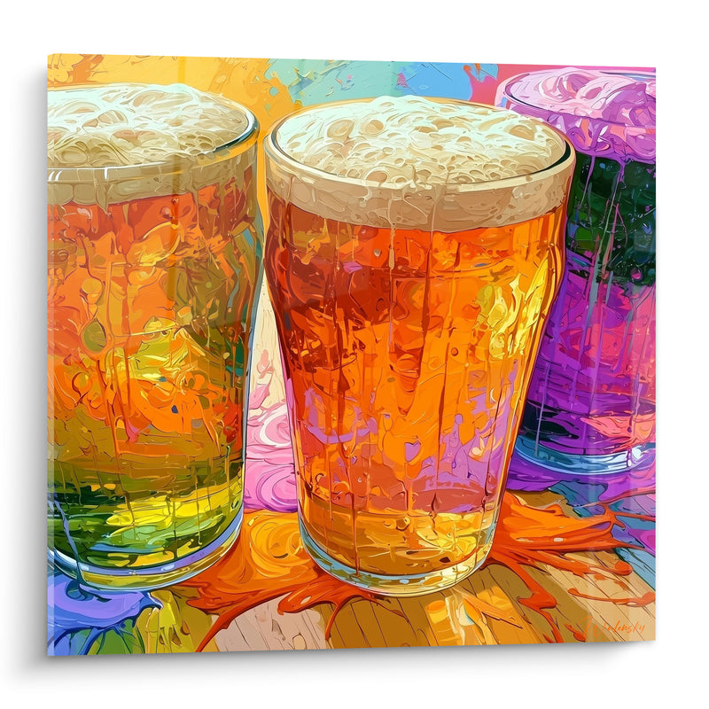 Tableau Trois pintes ambrées et violettes mousseuses - Tournée entre amis - Edition Bière