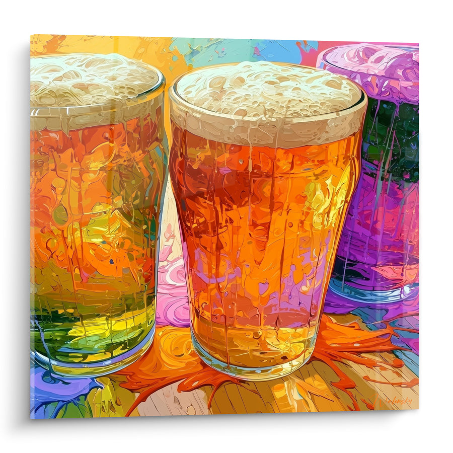 Tableau Trois pintes ambrées et violettes mousseuses - Tournée entre amis - Edition Bière