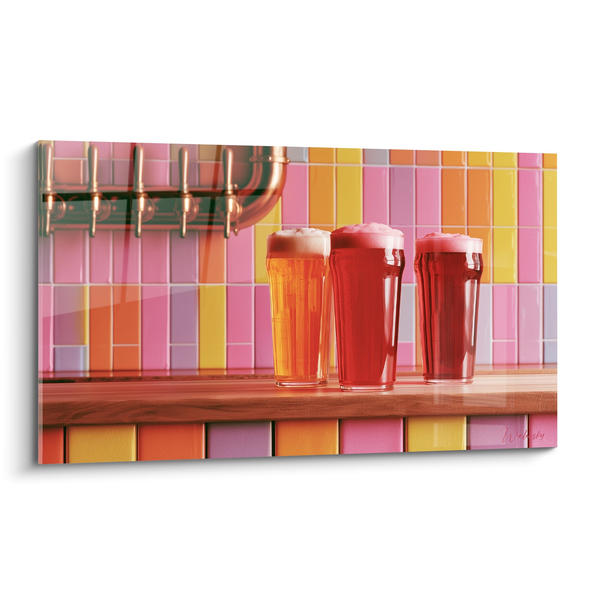 Trois pintes de bière dorée et rouge posées sur un comptoir face à un mur de carreaux roses