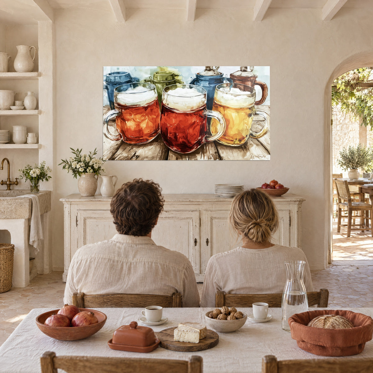 Wall art red and golden beer pints on wooden boards, blue and brown pitcher in the background, two people seen from behind at the farmhouse