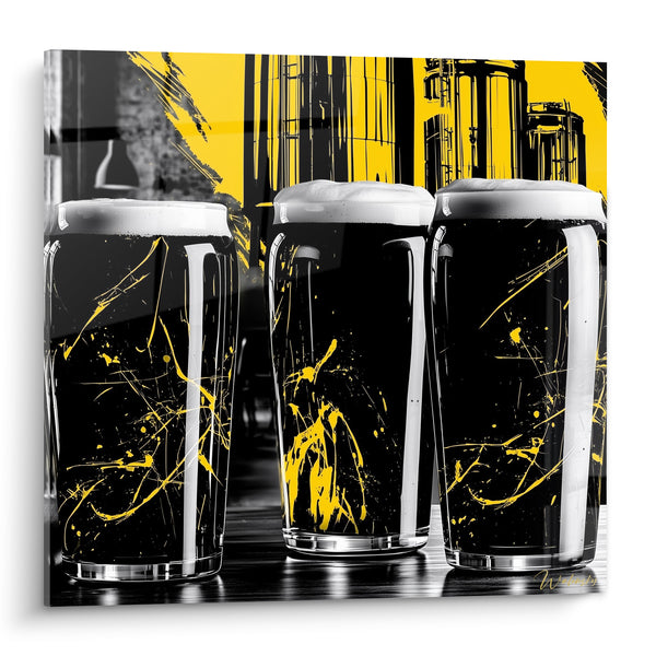Cuadro Tres pintas negras con salpicaduras amarillas - Chispazo de cervecería - Edición Cerveza