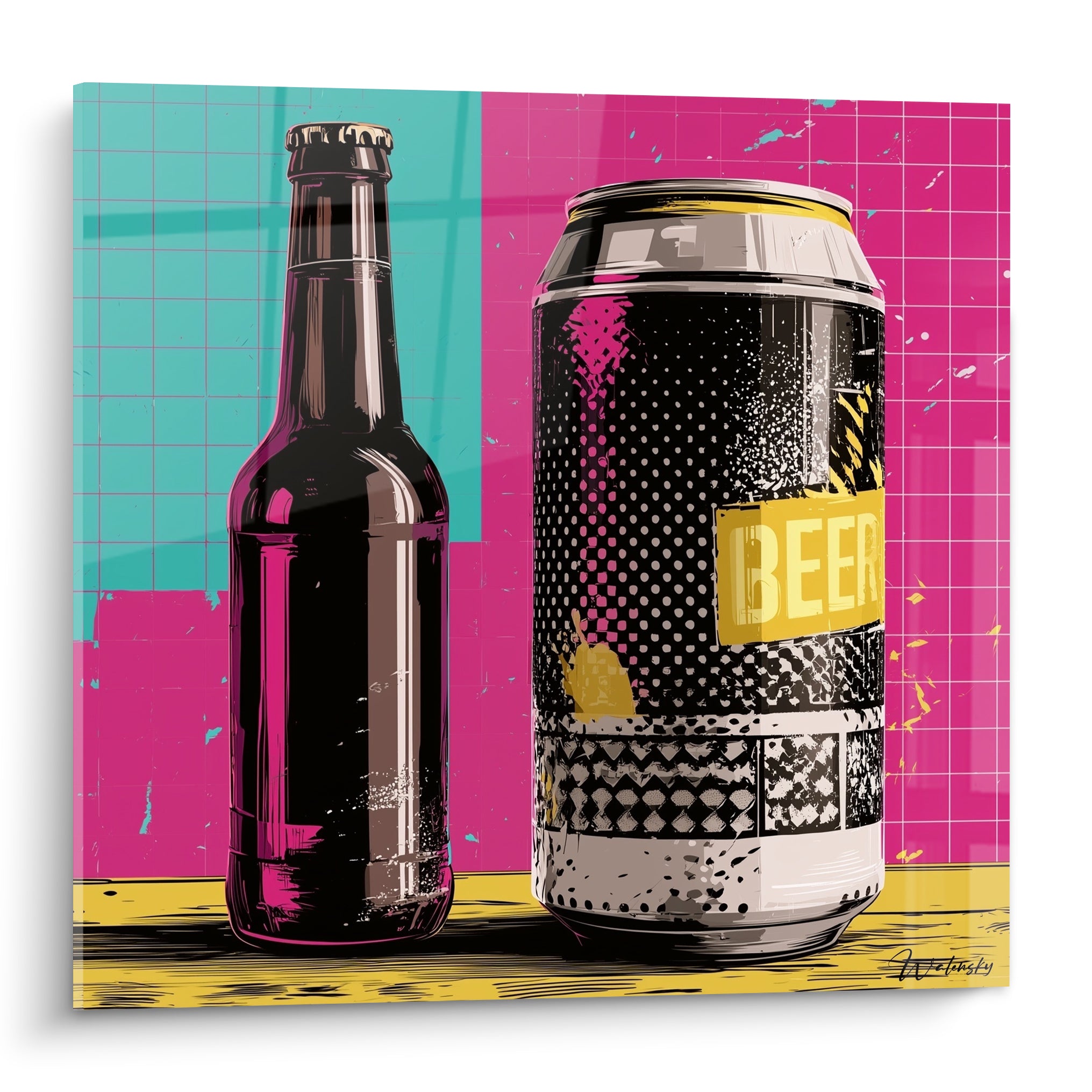 Bouteille noire et canette bière fuchsia turquoise pop art aux points imprimés