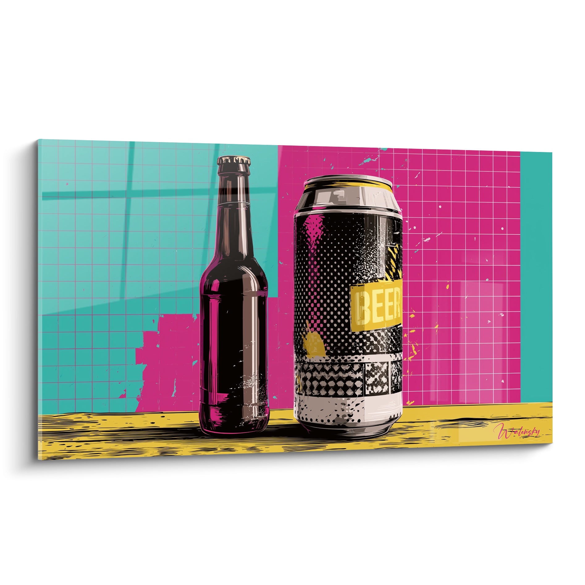 Bouteille sombre et canette bière noire posées sur fond rose fuchsia et turquoise quadrillé