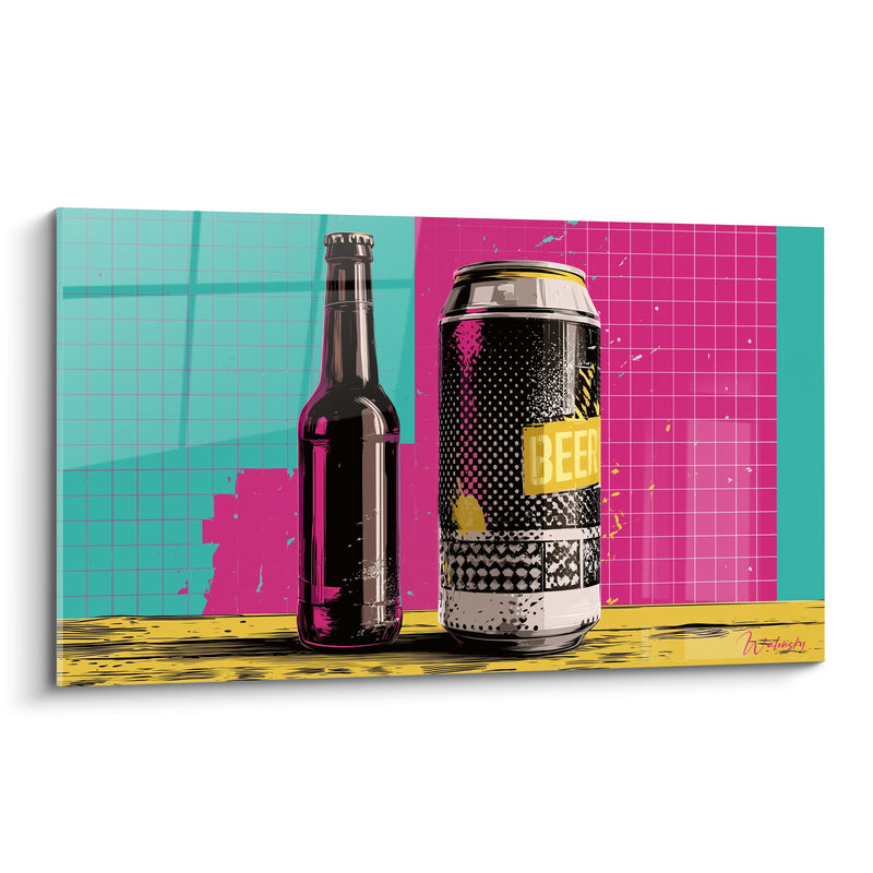 Tableau Bouteille et canette rose turquoise pop - Éclat urbain festif - Edition Bière