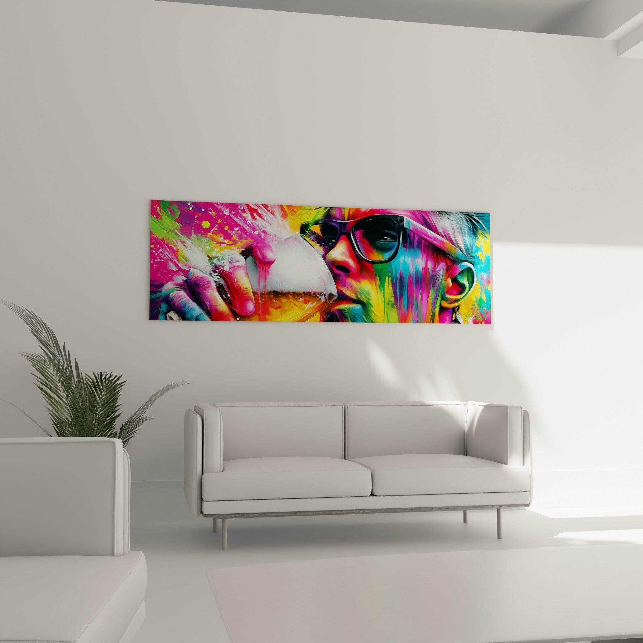 Portrait éclaté rose et turquoise d'un homme dégustant sa bière, au-dessus d'un canapé dans un salon lumineux
