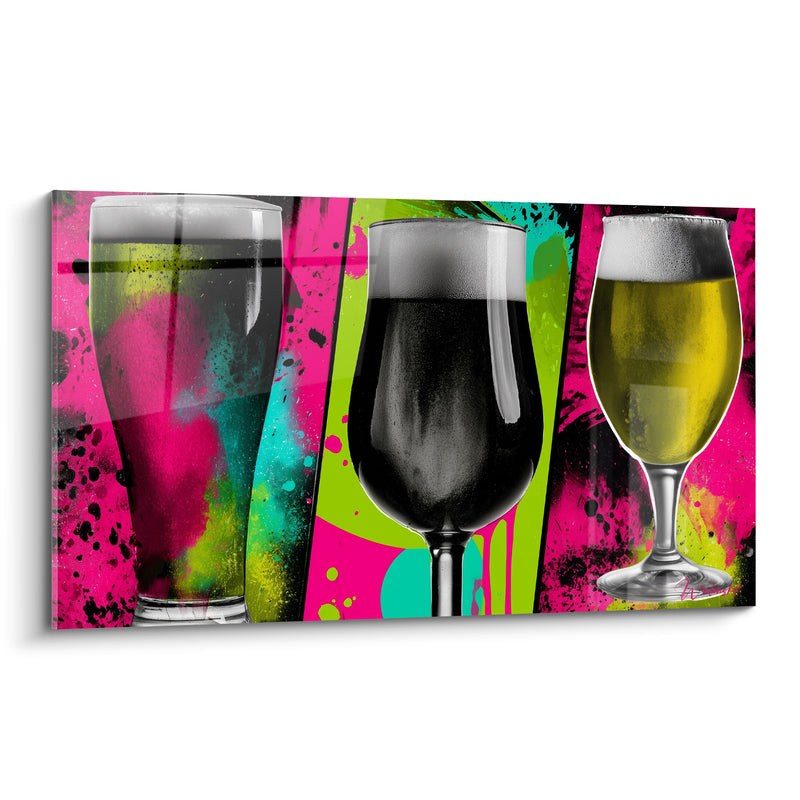 Tableau Verres à bière fond rose et vert éclaboussé - Soirée électrique - Edition Bière