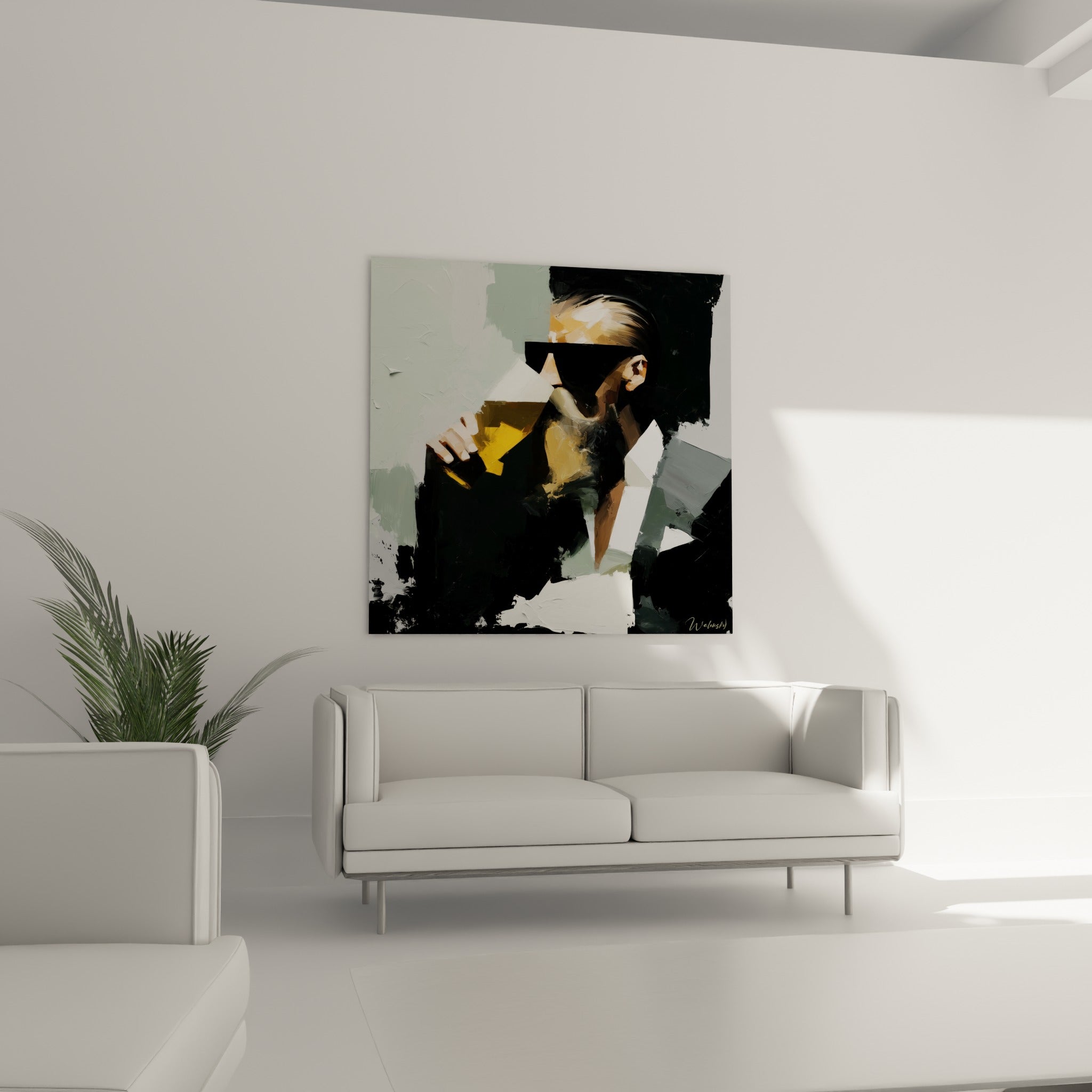Portrait abstrait au verre de bière ambré, contrastes anthracite et blanc, au-dessus d'un canapé dans un salon lumineux