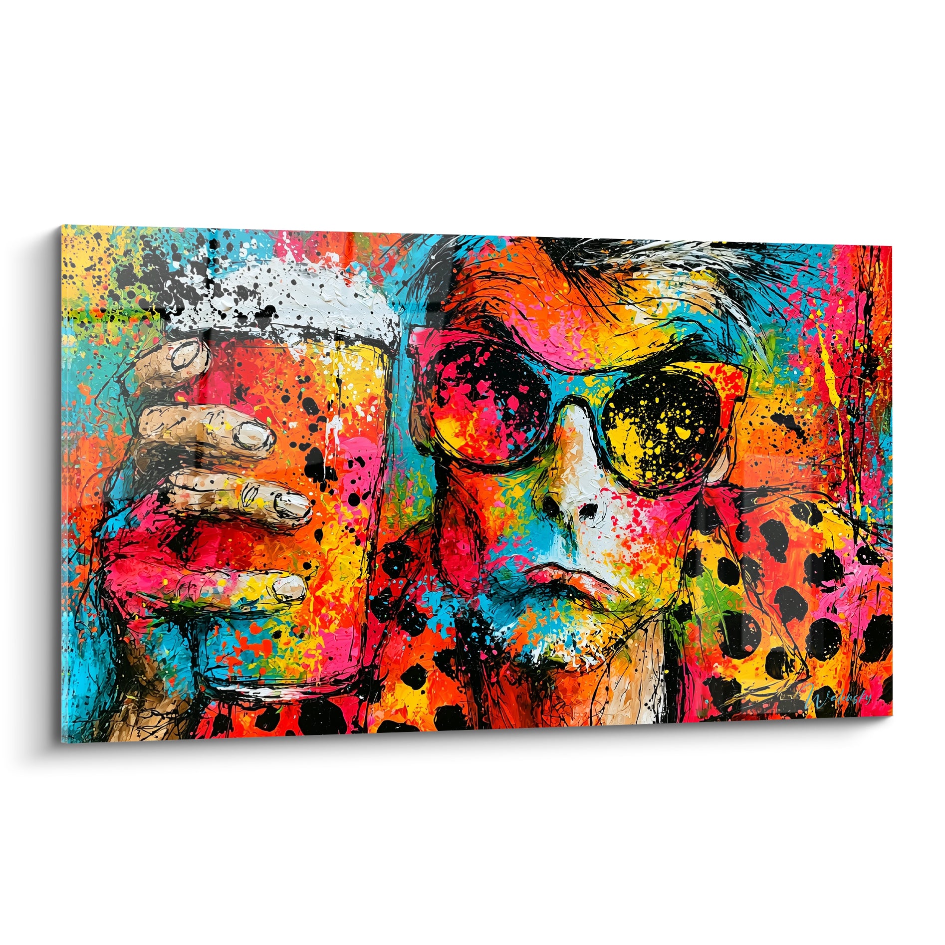 Personnage aux lunettes noires tenant une chope, éclaboussures orange, rose et turquoise