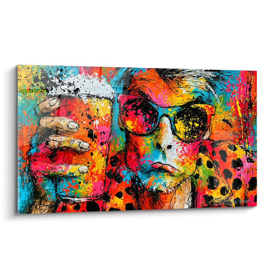 Tableau Portrait aux lunettes tenant une chope orange et turquoise - Trinquée électrique - Edition Bière