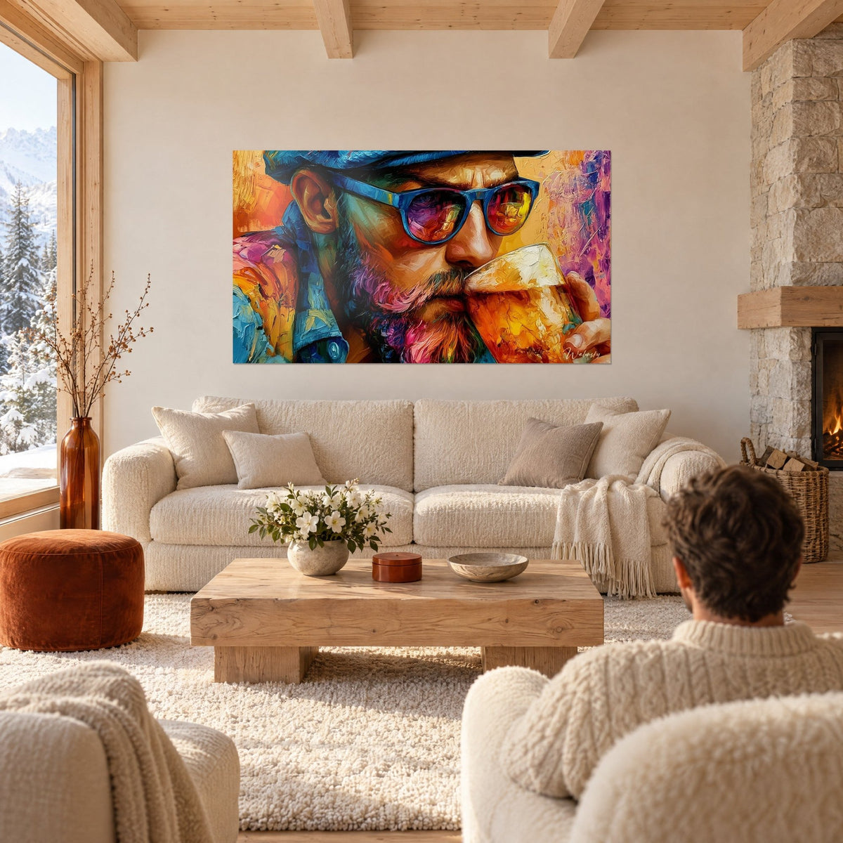 Gemälde Porträt eines bärtigen Biertrinkers mit kobaltblauer Brille und bernsteinfarbenem Bier, rosa und orangefarbener Bart, über einem Sofa in einem hellen Wohnzimmer