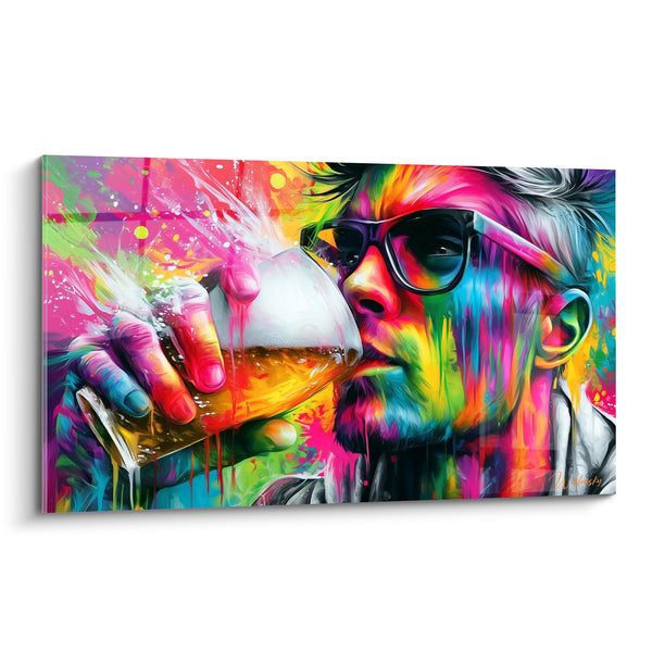 Cuadro Hombre con gafas bebiendo una pinta - Trago desbordante - Edición Cerveza