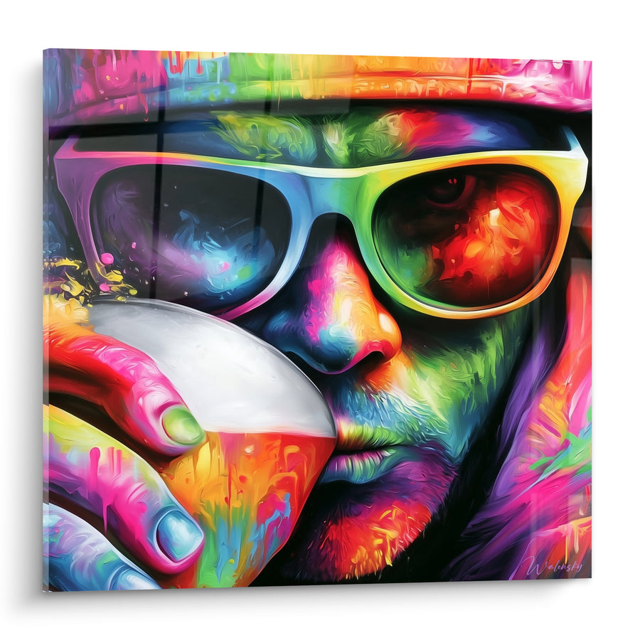 Tableau Homme lunettes buvant un verre multicolore - Gorgée électrique - Edition Bière