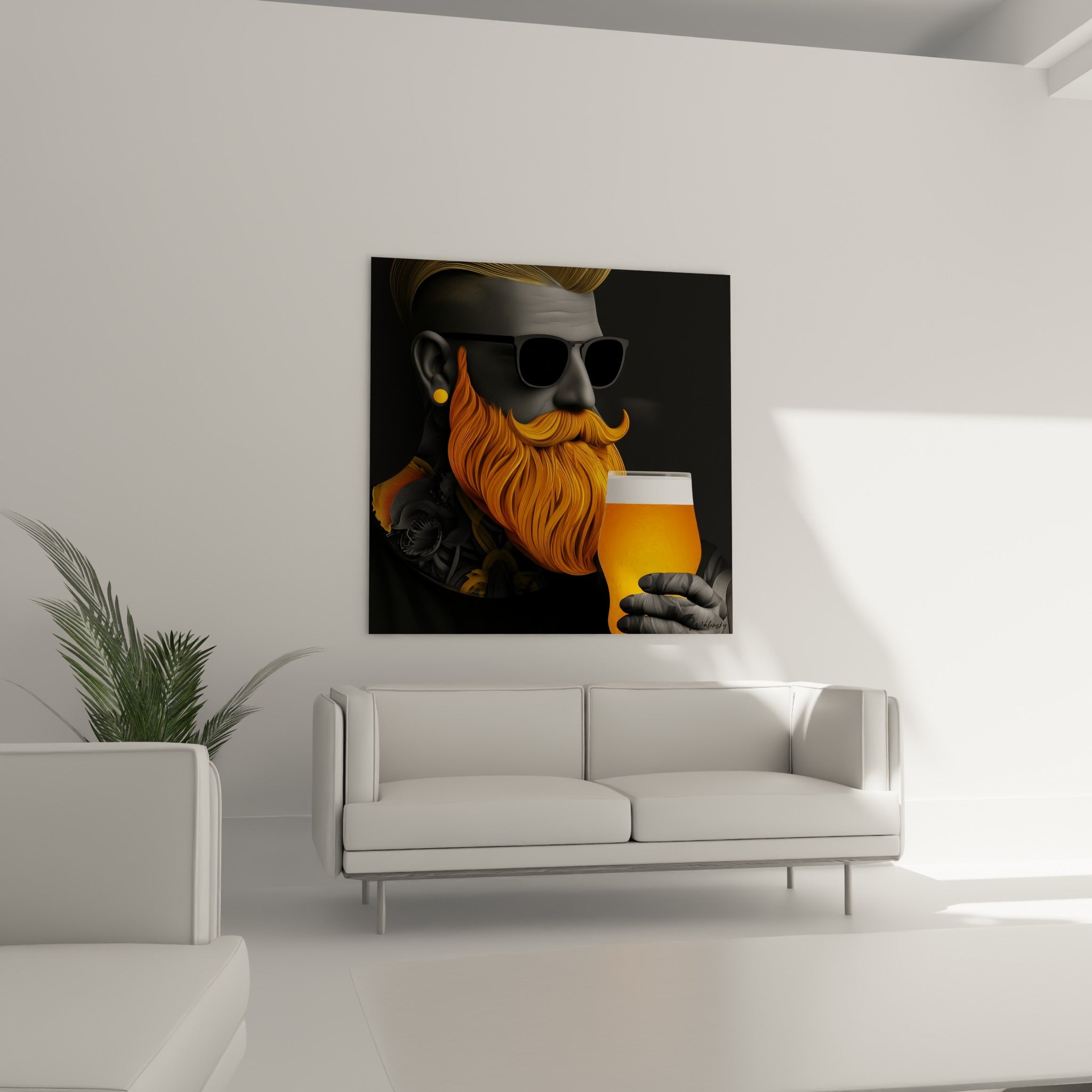 Personnage tatoué à lunettes noires et bière dorée surplombant un canapé dans un salon lumineux