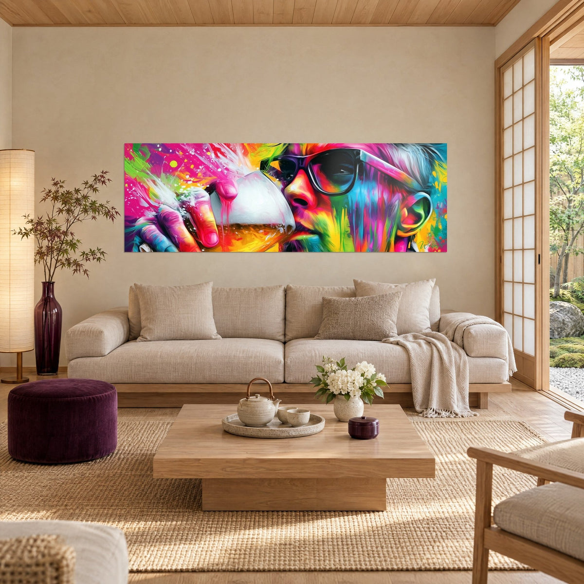 Tableau portrait pop-art buvant une bière, lunettes noires, éclaboussures rose fuchsia et jaune, au-dessus d'un canapé dans un salon lumineux