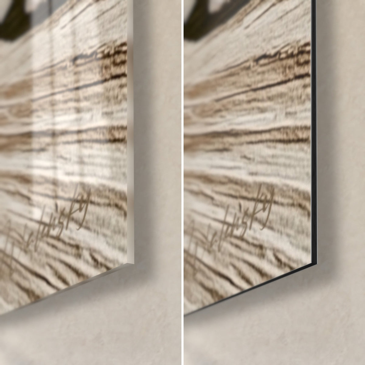 Quadro tre bicchieri di birra su legno, angolo in basso a destra: vetro acrilico lucido con riflessi a sinistra, alluminio Dibond nero opaco a destra