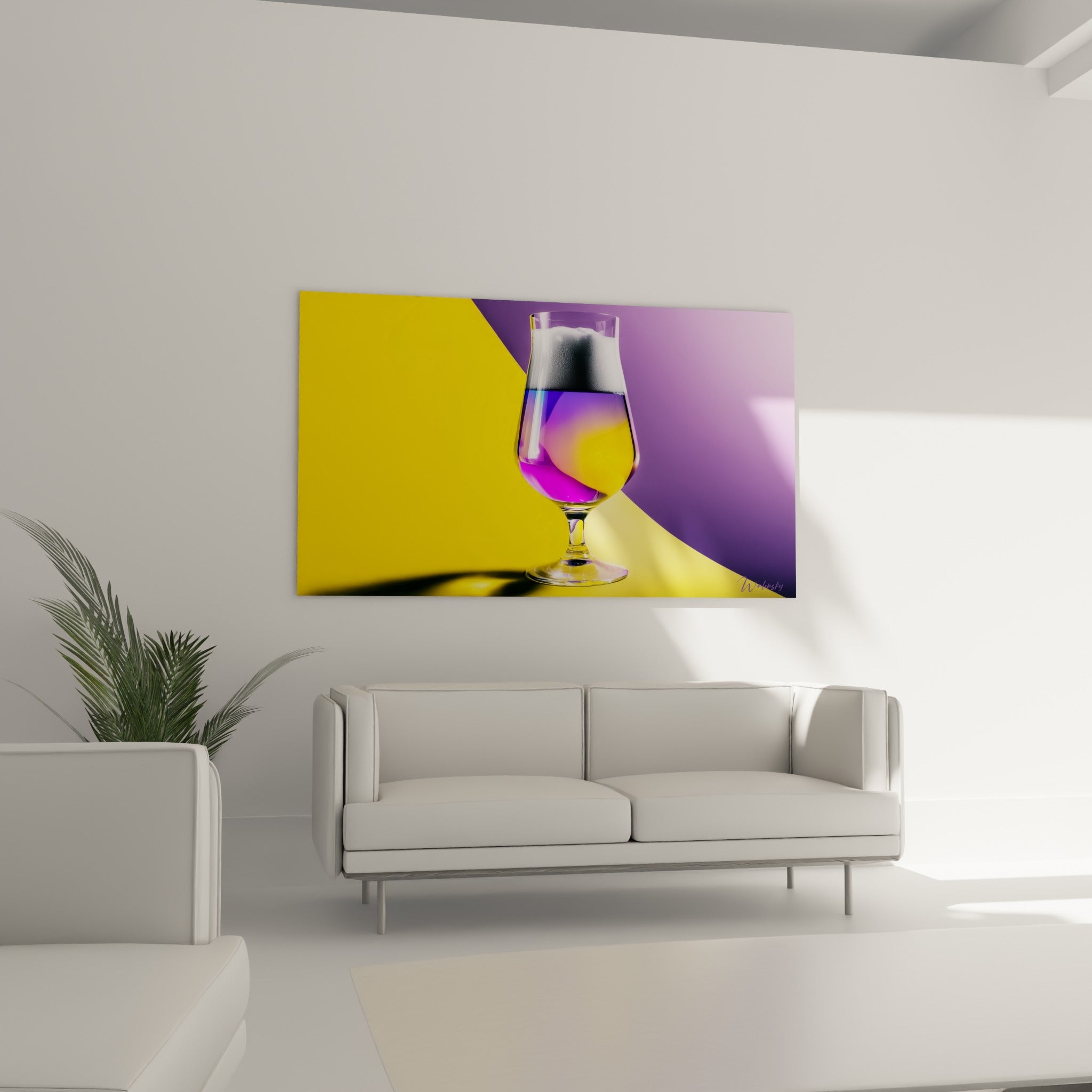Bière aux reflets dorés et mauves lumineux au-dessus d'un canapé dans un salon lumineux