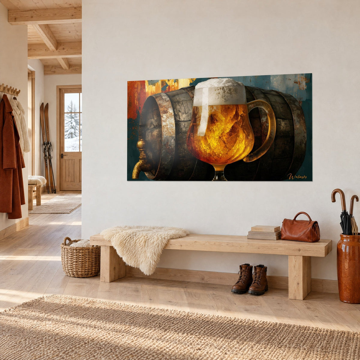 Tableau fût ancien et robinet en laiton doré, bière ambrée sous sa mousse crème, mur blanc d'un chalet en vue de trois-quarts