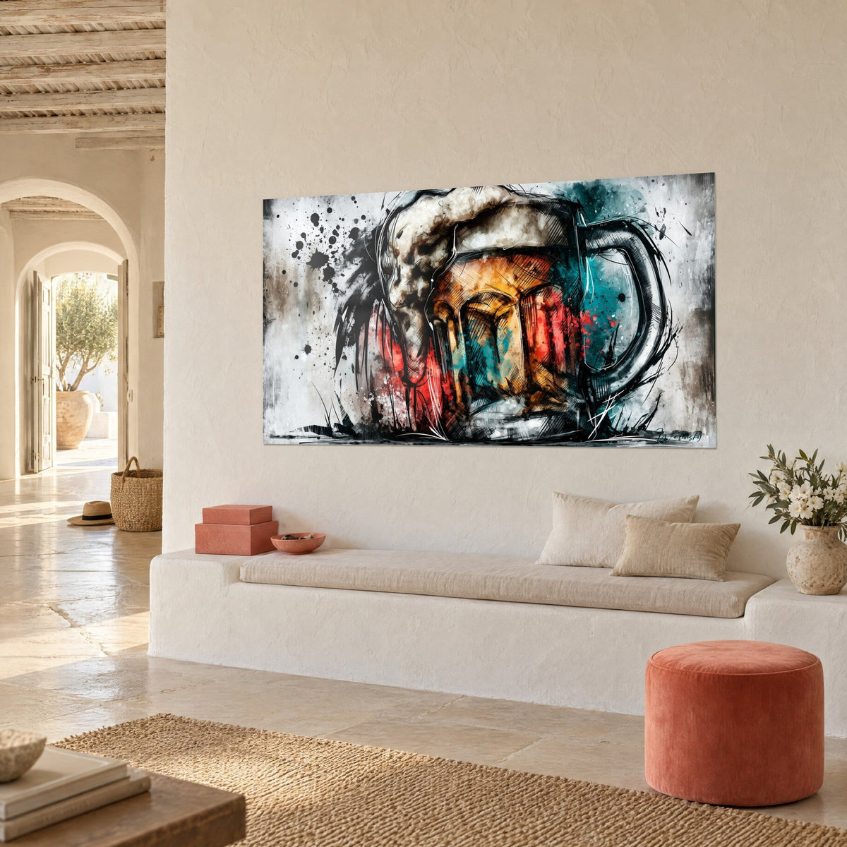 Gemälde Bierglas mit bernsteinfarbenen Schlieren und schwarzen Spritzern, Dreiviertelansicht auf einer weißen Bank, mediterranes Haus