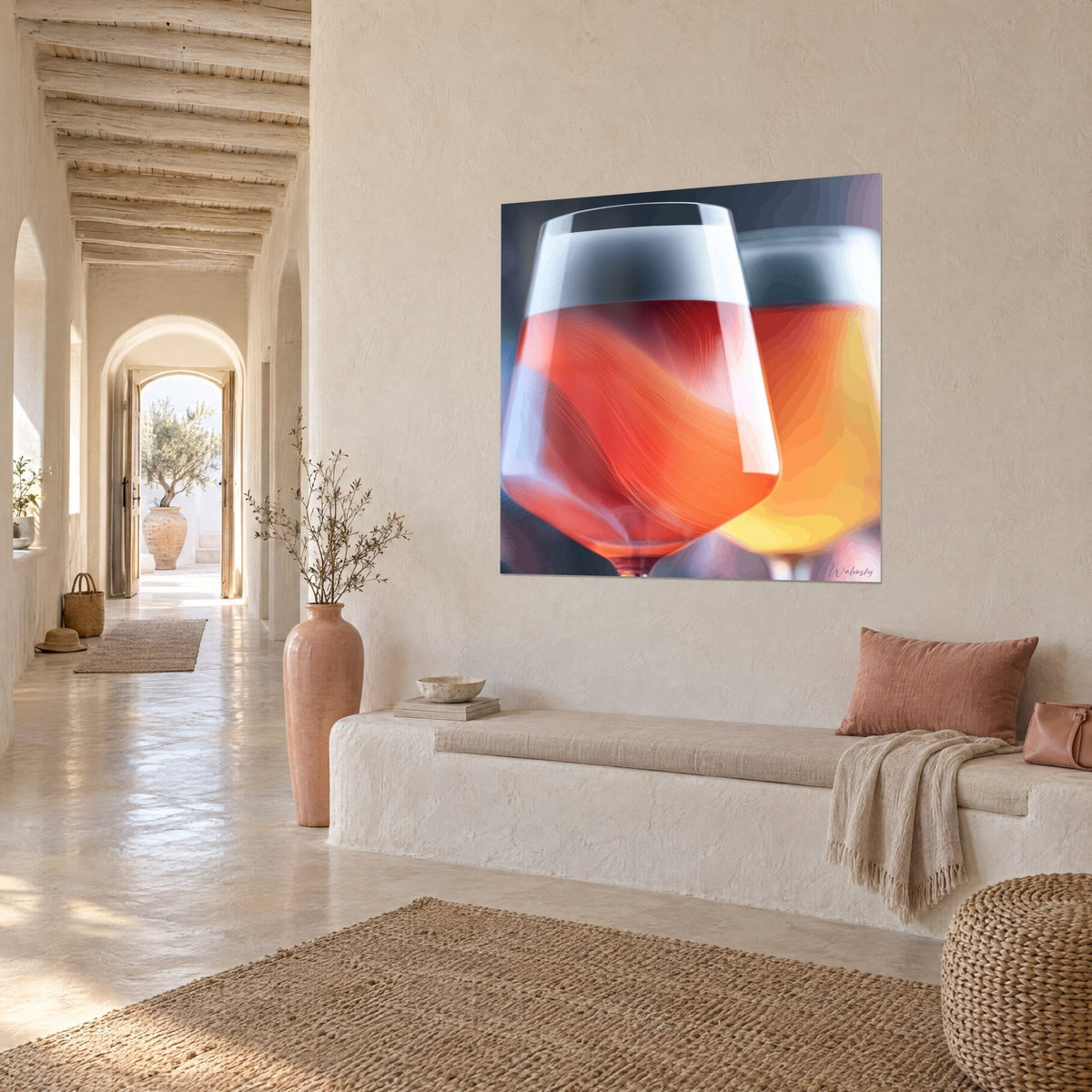 Wall art duo of garnet and amber goblets, glass reflections, hung on a lime-plastered wall in a vaulted corridor