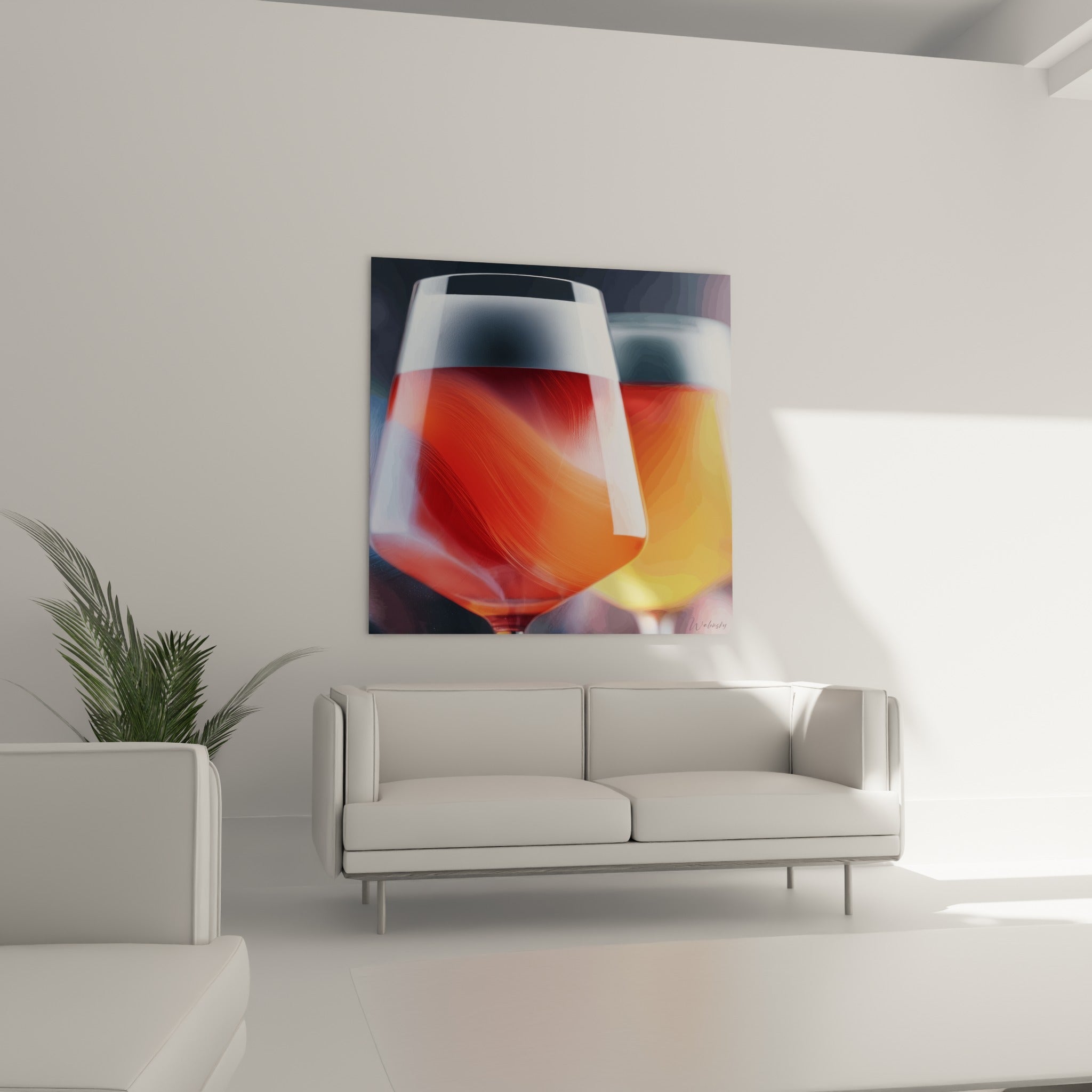 Bière rousse et dorée aux textures translucides, suspendue au-dessus d'un canapé dans un salon lumineux