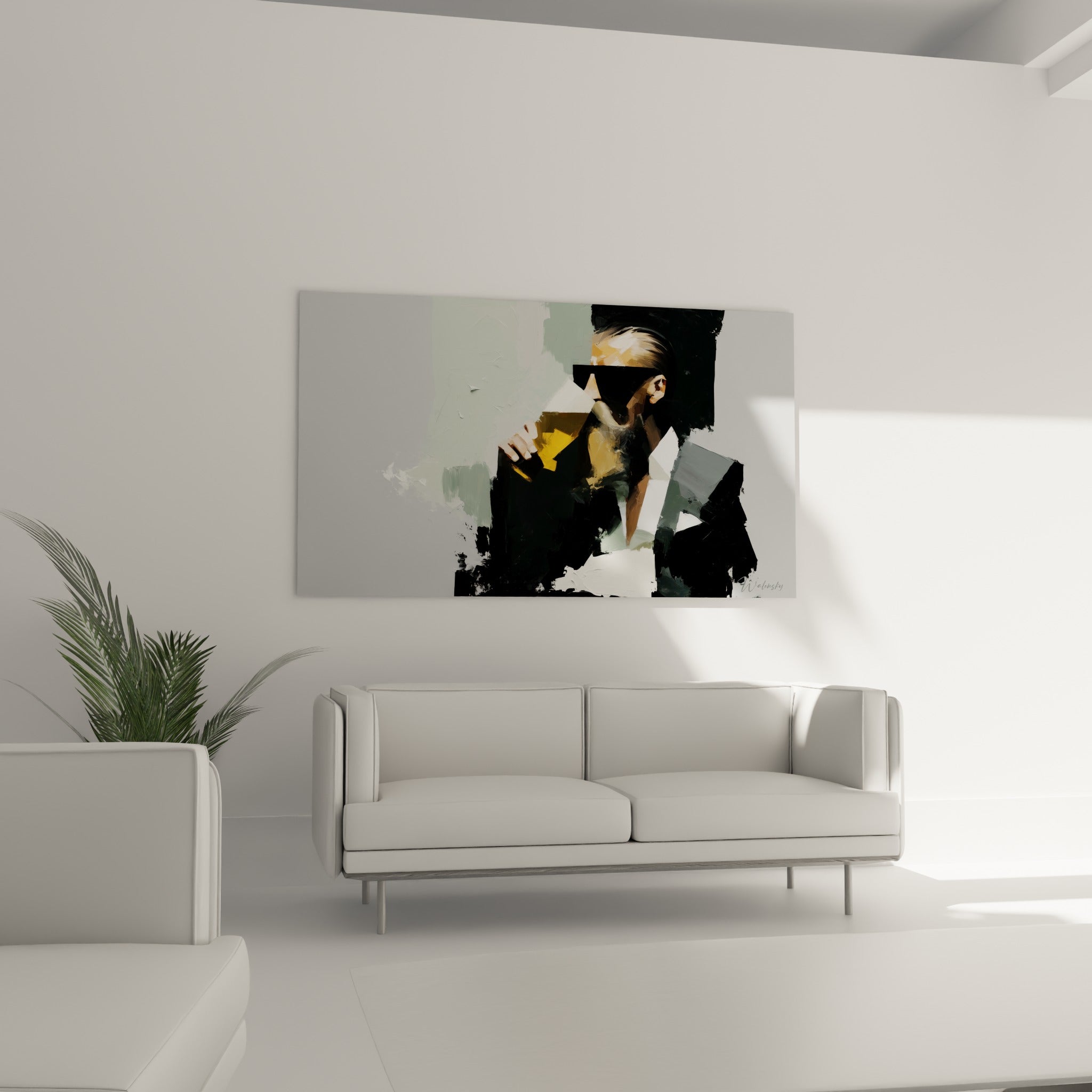 Portrait fragmenté en gris et vert sauge d'un homme buvant, au-dessus d'un canapé dans un salon lumineux