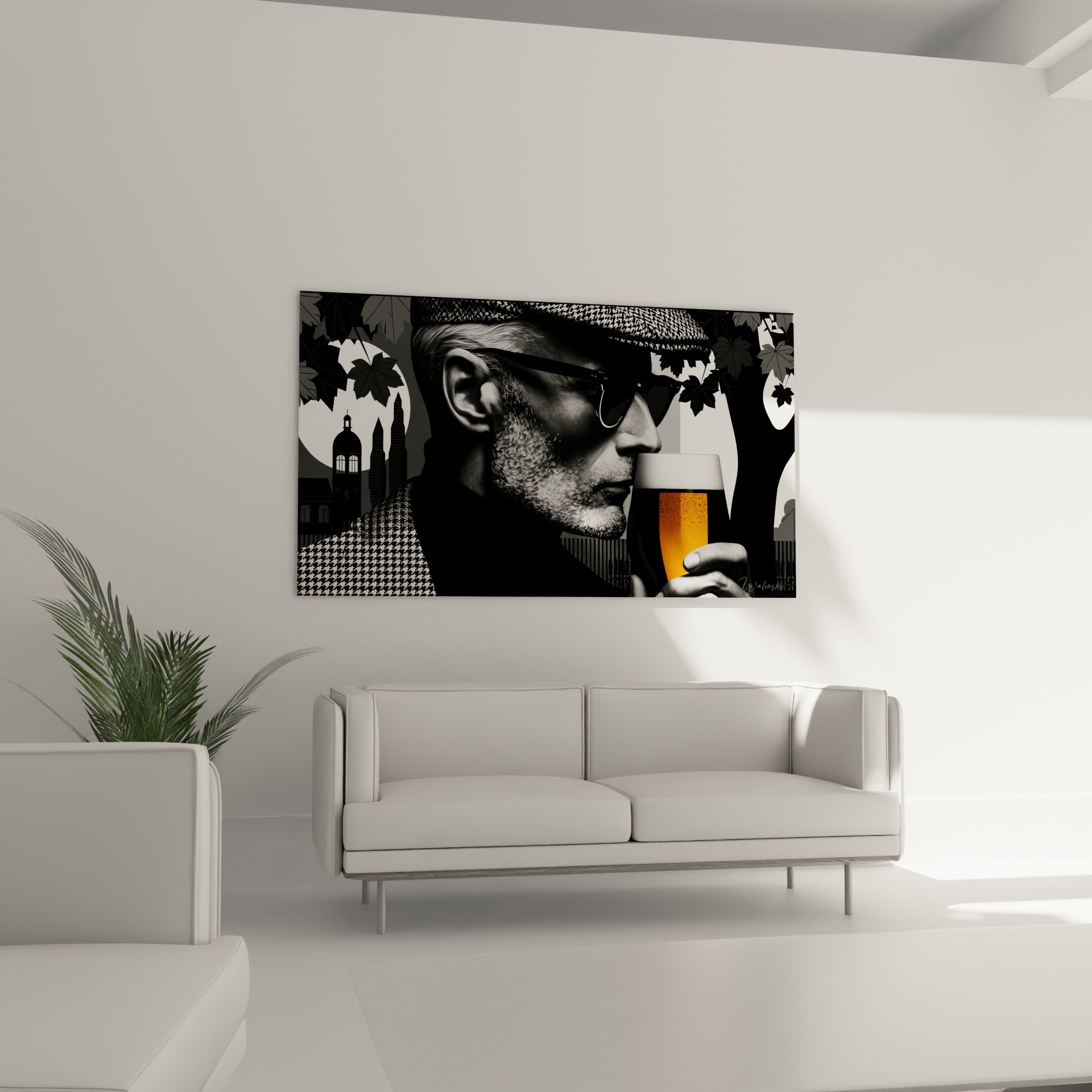 Silhouette masculine barbue au regard baissé vers sa bière ambrée, au-dessus d'un canapé dans un salon lumineux