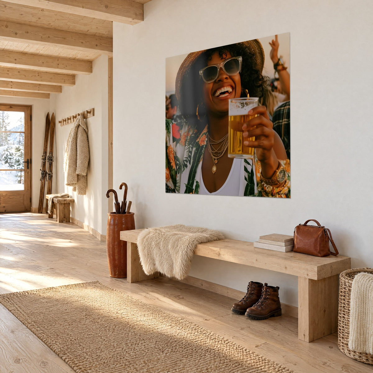 Quadro di un ritratto radioso che ride, occhiali ambrati, collane dorate e una pinta bionda, camicia verde a fiori arancioni, su una parete di chalet