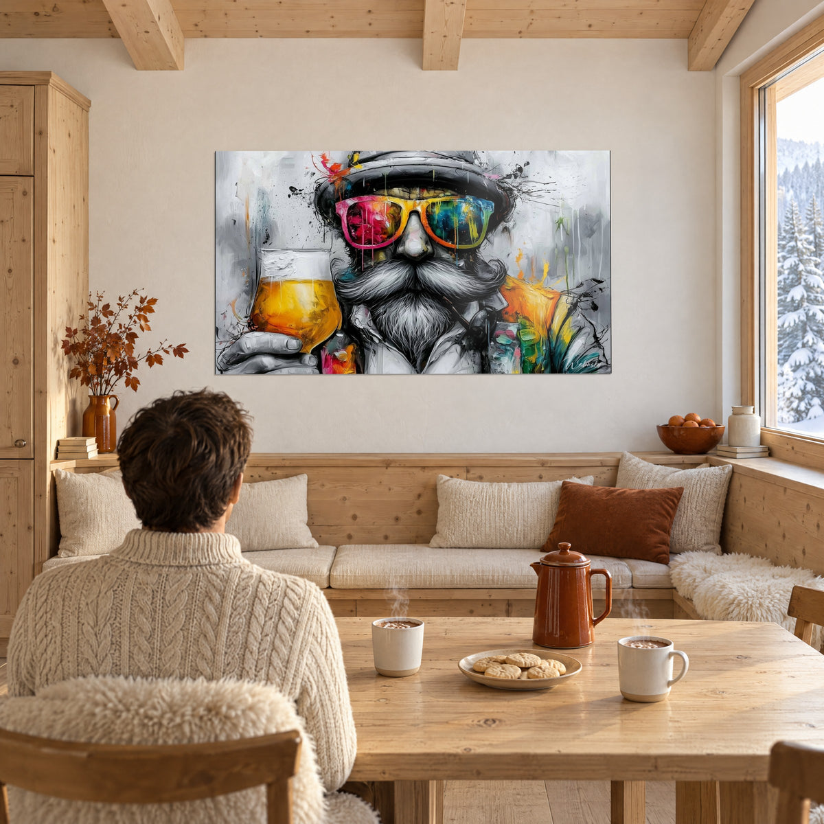 Quadro ritratto sfacciato di un baffuto in grigio e ocra, schizzi di colore e boccale di birra spumosa, parete bianca di uno chalet luminoso