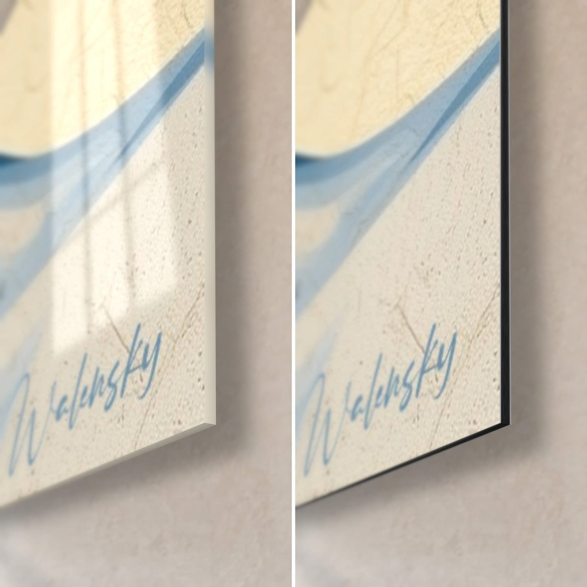 Cuadro mujer con boina azul, esquina inferior derecha: cristal acrílico brillante con reflejos y aluminio Dibond negro mate, canto de 3 mm