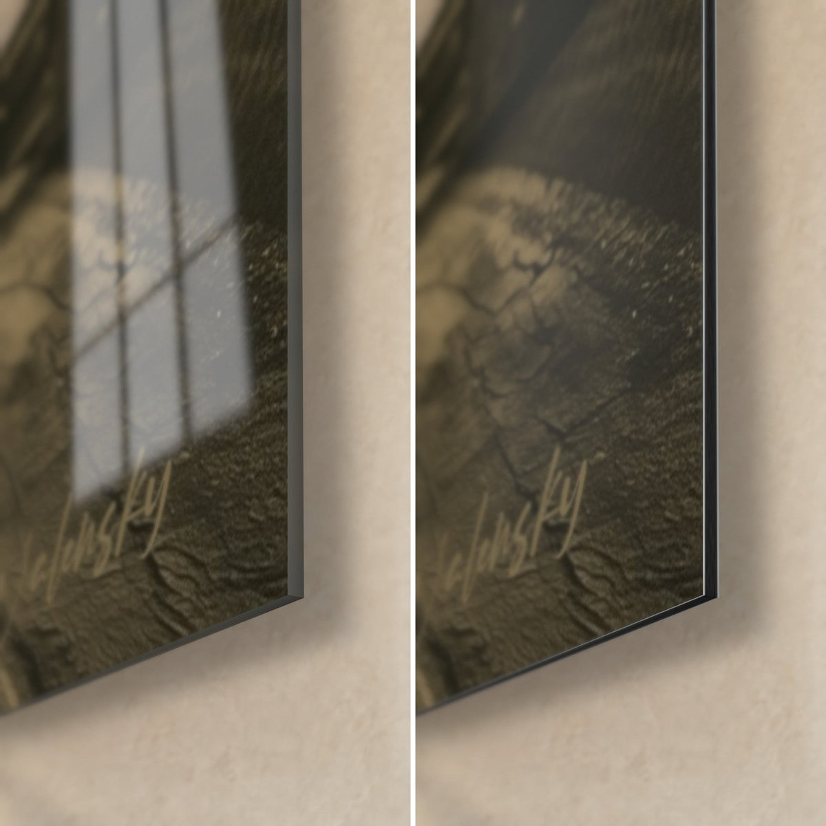 Tableau bière blonde et tonneau sépia, coin bas droit : verre acrylique brillant aux reflets, alu Dibond mat noir, tranche de 3 mm