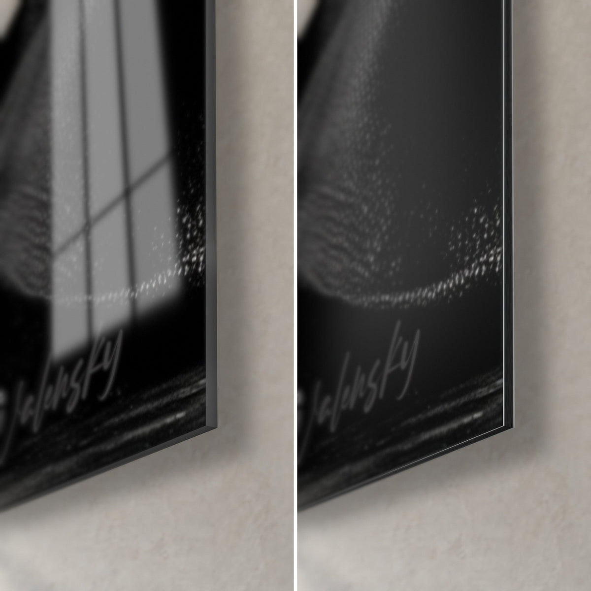 Tableau bières mousseuses en noir et blanc, coin bas droit : verre acrylique brillant à gauche, Dibond gris mat et tranche de 3 mm à droite
