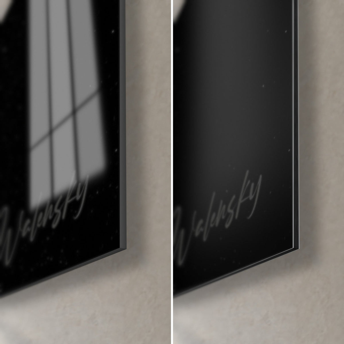 Tableau bière embuée, coin bas droit : verre acrylique noir brillant à reflets, alu Dibond mat gris, tranche de 3 mm